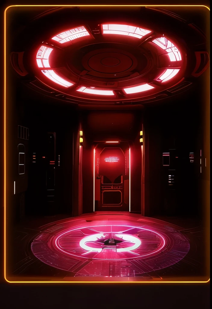 There is a red light in the center of the room, spaceship hallway background, scifi room, dramatic lighting sci fi, red neon lights inside it, In a dark futuristic room, science fiction scene, futuristic hall, Dark cyberpunk neon vibe, sci fi background, spaceship hallway, 黑暗sci fi background, Red and movie lighting, haunted spaceship hallway, alien room background