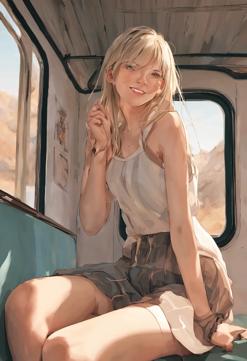Boyleg、(crotch shot sitting with legs wide open:1.2)、Do not hide the lower body、Cameltoe、1 persons、american girl、top-quality、​masterpiece、extra detailed face、beautiful countenance、The best smile、Blonde longhair, nude, blue eyes, look at camera、Emphasize the shoulders, Focus on face、Stockings、glasses、Smile with corners of mouth raised、disdainful expression, summer haze, muted colors, muted warm colors, Photo cinematic portrait of a teenager naked sitting by the window in the early morning, cinematic, (tilted:1.3) (on an old train)