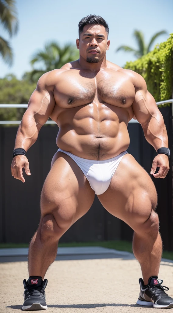 of a man，male people，Muscle wrestler，Muscular，Stout wrestler，jpn，Uncles，50yearsoldMiddle age男子，Short hair details，Wrestling boots，athletic sneakers，Show off your toned body，Panorama characters，white colors，，50yearsold，short mustache,Middle age，tattoo fingerless gloves，Wheat-colored skin，oilly skin，Dark skin，Show off your chest muscles，Sumo wrestler，body builder，Wide sideburns，Pronounced abs，ssmile，chocolate complexion，outdoor background，