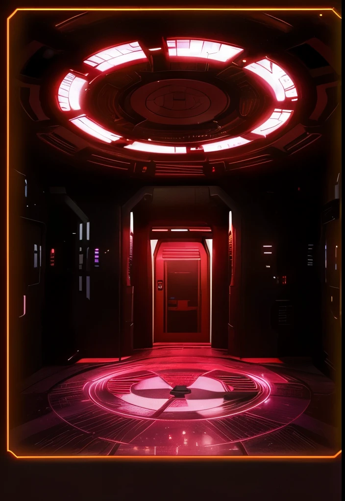 There is a red light in the center of the room, spaceship hallway background, scifi room, dramatic lighting sci fi, red neon lights inside it, In a dark futuristic room, science fiction scene, futuristic hall, Dark cyberpunk neon vibe, sci fi background, spaceship hallway, 黑暗sci fi background, Red and movie lighting, haunted spaceship hallway, alien room background