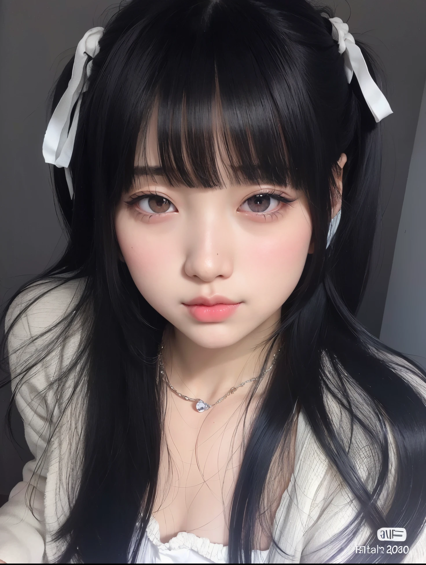 a close up of a girl with long black hair and a white shirt, cute natural anime face, ulzzang, black hime cut hair, she has black hair with bangs, black hair and large eyes, with long hair and piercing eyes, cruel korean goth girl, anime girl in real life, white hime cut hairstyle, kawaii realistic portrait, cute kawaii girl