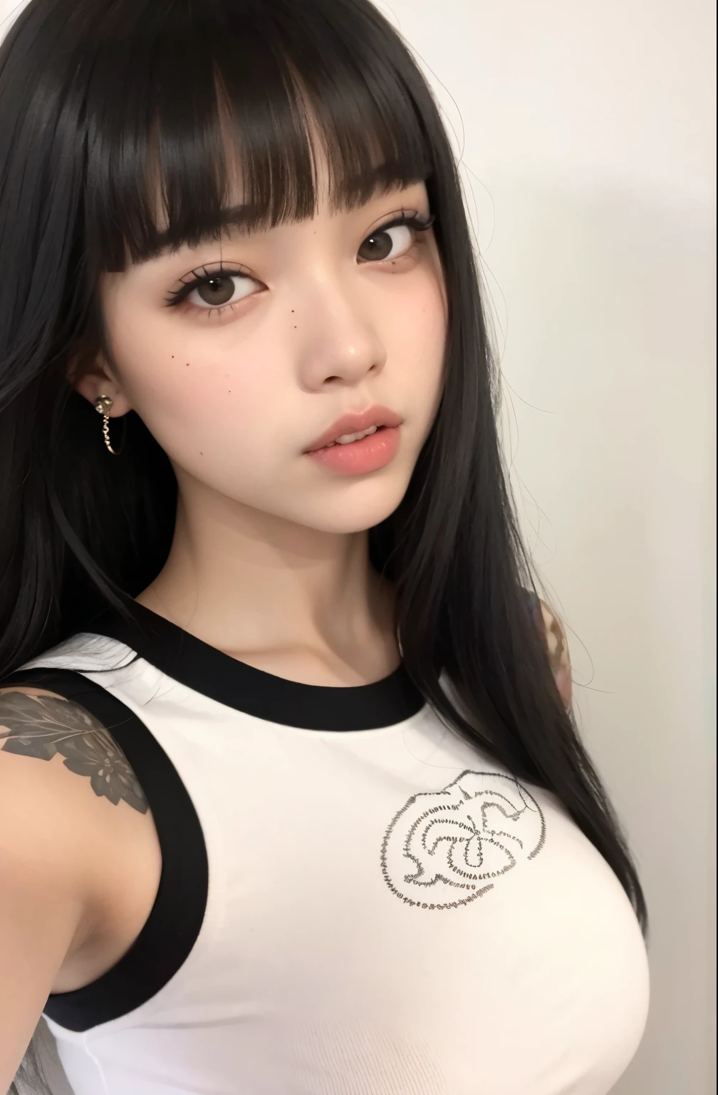 um close up de uma mulher com cabelos longos vestindo uma camisa branca, Ela tem cabelo preto com franja, bonito-fino-cara, branco hime corte penteado, preto hime corte cabelo, Ulzzang, 🤤 retrato da meninana corealisa Manobal, cabelo preto e franja branca, cruel korean goth girl, cabelo arrumado com franja, Beautiful Asian girl
