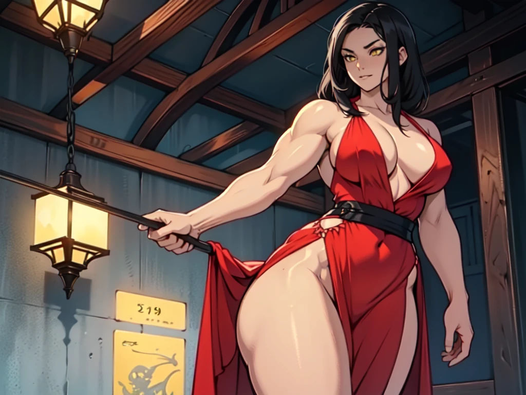 girl muscular toned body perfect anatomy large breasts thick thighs athletic black hair yellow eyes pale skin girl muscular toned body perfect anatomy large breasts thick thighs athletic red evening gown red evening gown solo solo thick