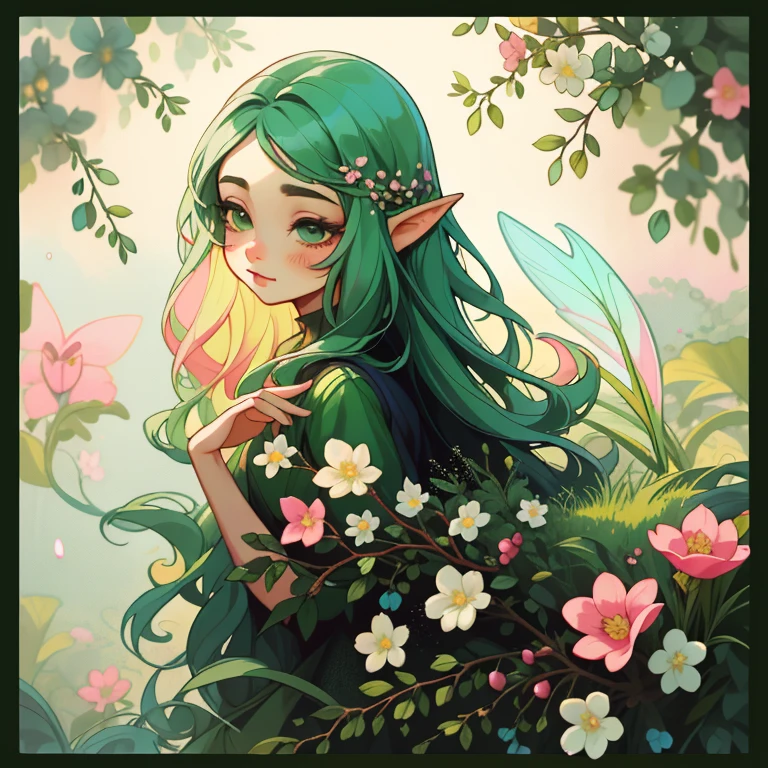 adesivo,1girl, fundo simples, retrato, girl with long hair, beautiful flower girl, flower aesthetic, beautiful girl, very beautiful fantasy art, beautiful and elegant female fairy, beautiful detailed fantasy, green and pink color palate, green color-theme