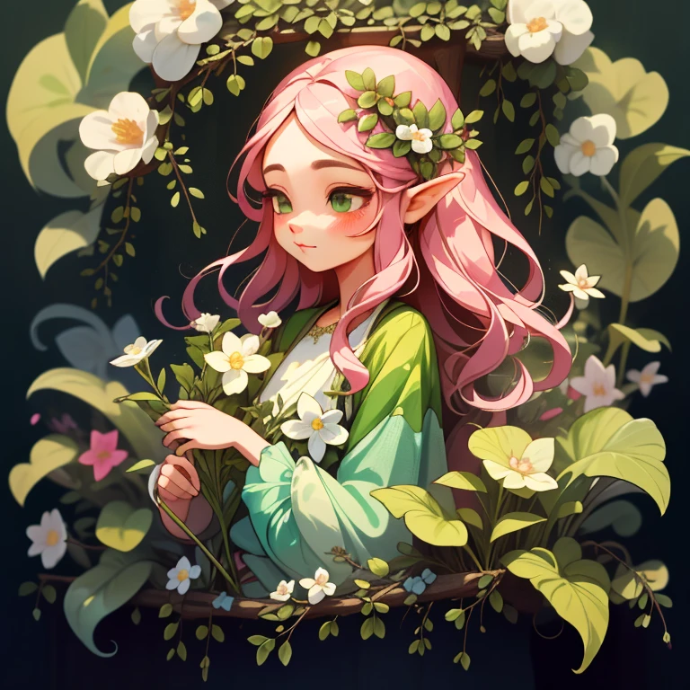 adesivo,1girl, fundo simples, retrato, girl with long hair, beautiful flower girl, flower aesthetic, beautiful girl, very beautiful fantasy art, beautiful and elegant female fairy, beautiful detailed fantasy, green and pink color palate, green color-theme