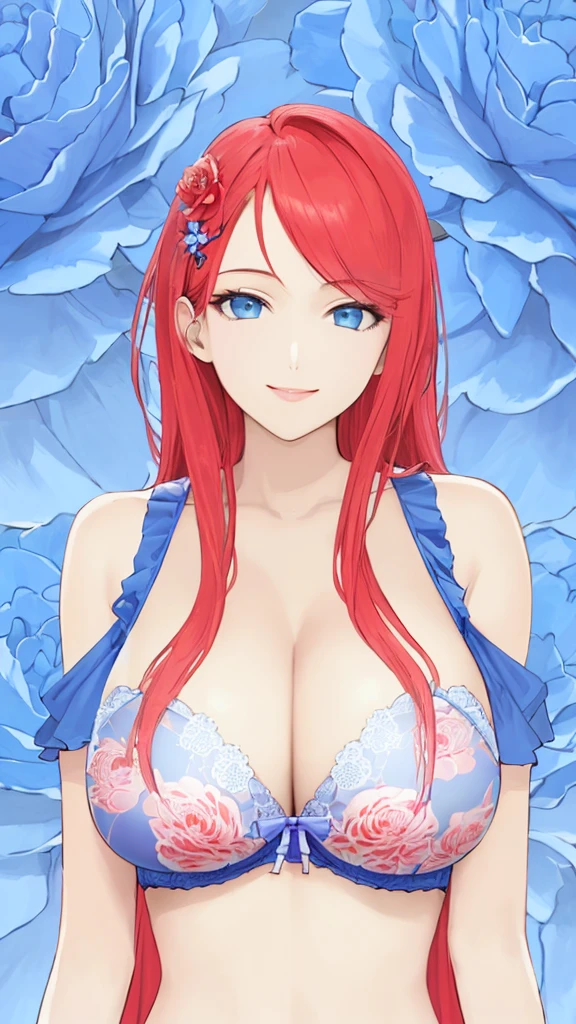 (masterpiece:1.3), (best quality:1.2), an extremely detailed beautiful girl, (extremely detailed red long hair:1.1), (center parted bangs:1.1), extremely detailed beautiful face and blue eyes, huge breasts, cleavage, smile, closed mouth, upper body, (extremely detailed blue peony flowers print bra:1.1), flower hair ornament,