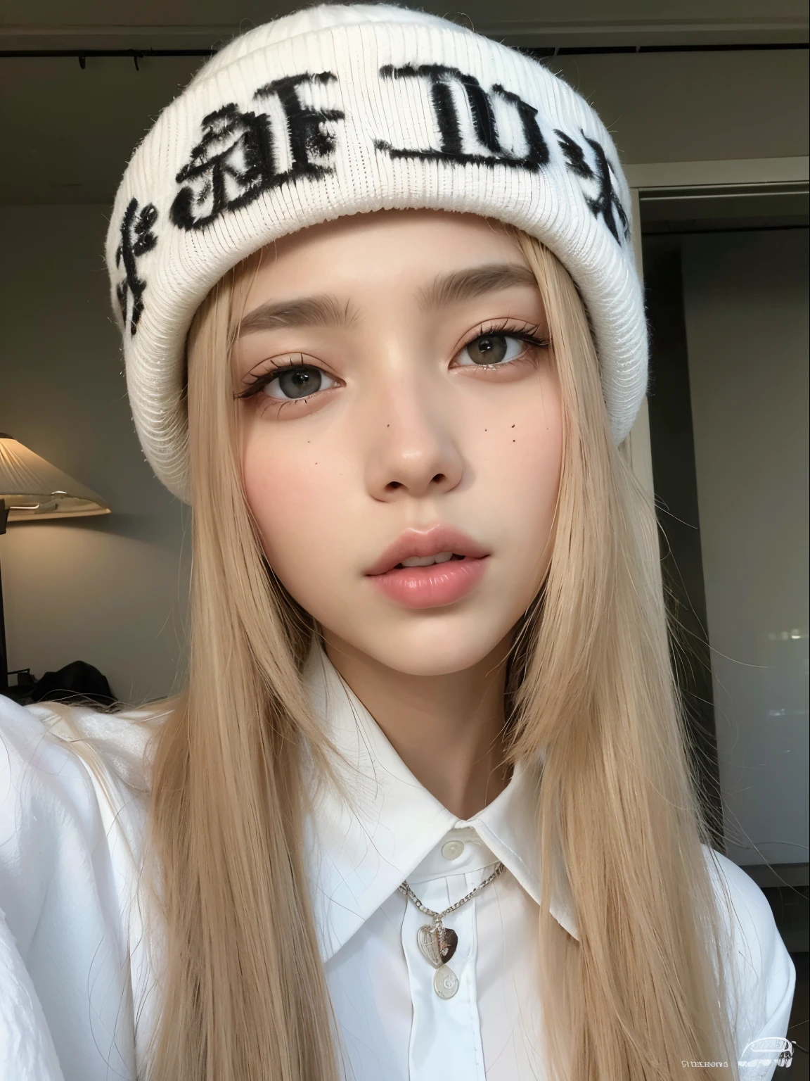 A closeup of a girl with long hair wearing a white hat, longos cabelos loiros e olhos grandes, longos cabelos loiros e olhos grandes, cabelos loiros e olhos grandes, rosto perfeito ), Lalisa Manobal, com cabelos longos e olhos penetrantes, beautiful aesthetic face, com cabelos longos brancos, Retrato de Jossi de Blackpink, pale porcelain white skin, jossi do blackpink