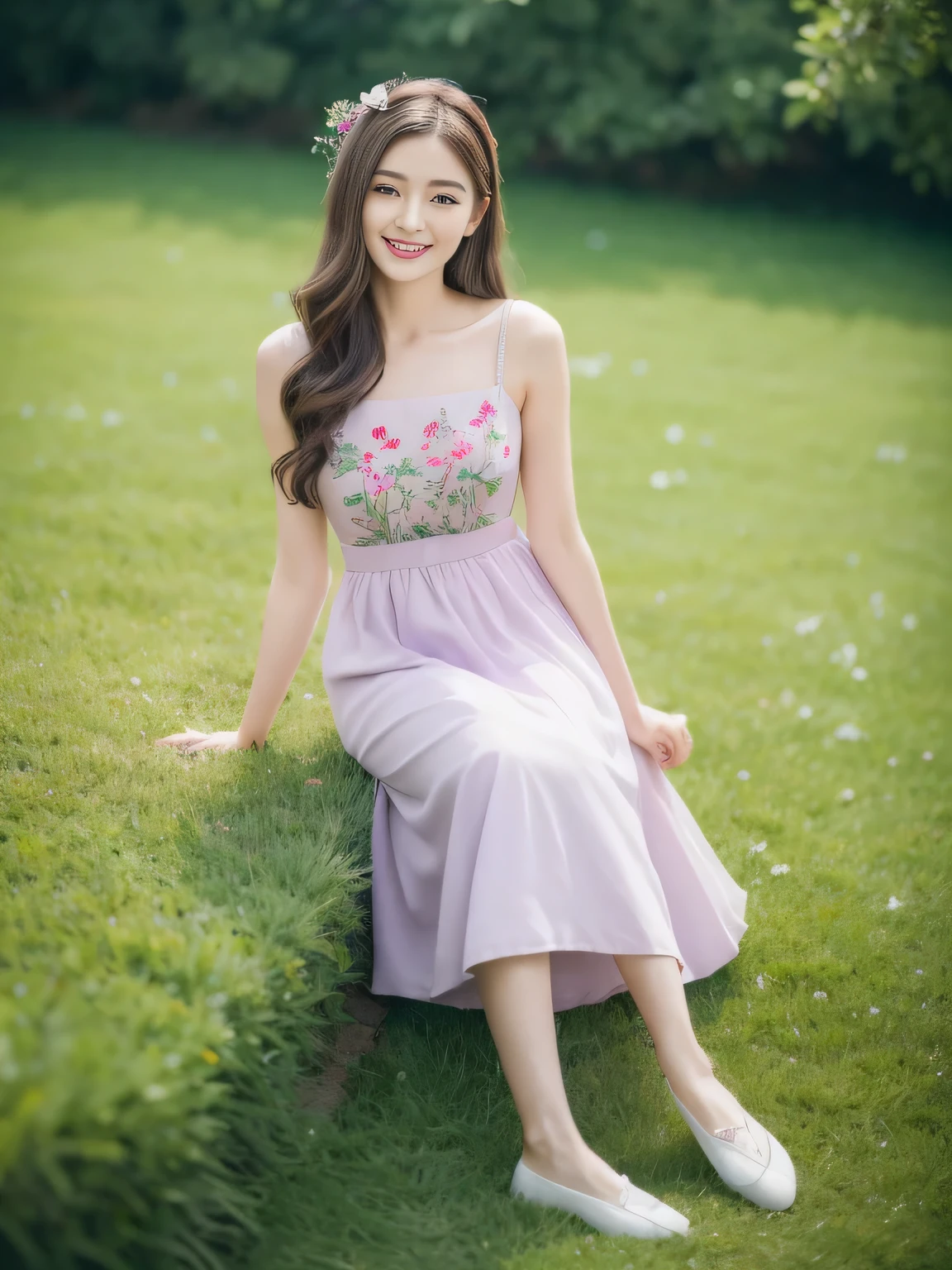 (best qualtiy,8K,32K,tmasterpiece,,realisticlying,Very detailed, hyper HD:1.2), Under the peach blossom tree,Exquisite hands,若くて美Right美しさがそこに立っていました,Feet on green grass,Petals are falling on the lawn,She is tall,Slender figure exudes confidence and grace, Delicate, snow-like fair skin,,Long hair swaying in the wind,eyes are dark brown,God brightly々Right,There was clarity and a hint of affection in her eyes,Slender eyebrows,ruddy lips,Hefty Smile, Wearing a purple slip dress,The skirt is embroidered with Delicate flowers,She wore a Delicate ribbon around her waist,On his head is a green wreath,The wreath is dotted with small pale pink flowers and green leaves