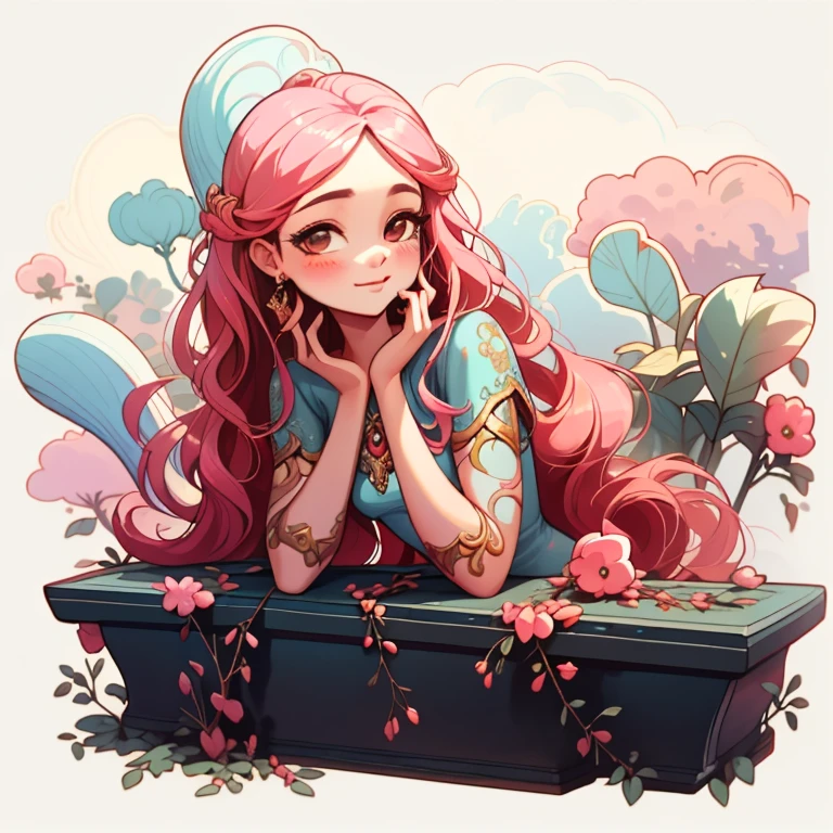 adesivo,1girl, fundo simples, retrato, girl with long hair, smilling girl, beautiful aphrodite girl, aphrodite aesthetic, beautiful girl, very beautiful fantasy art, beautiful and elegant female aphrodite, beautiful detailed fantasy, red and pink color palate, red color-theme