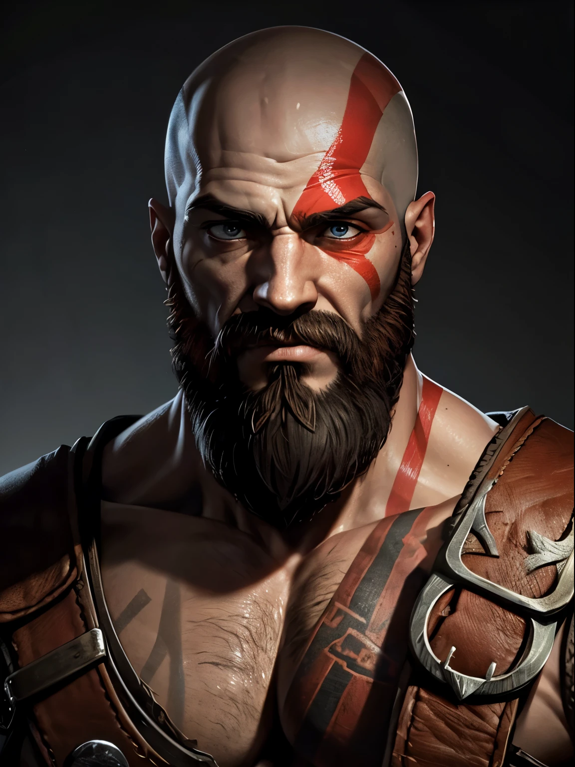 Kratos from God of war, portrait, extreme details, blank black background, beard, only face,