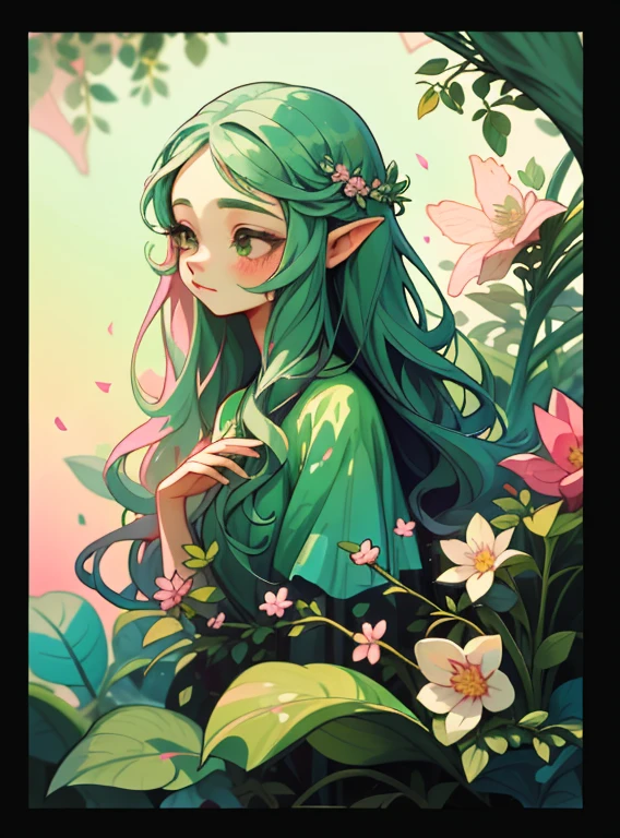 adesivo,1girl, fundo simples, retrato, girl with long hair, beautiful flower girl, flower aesthetic, beautiful girl, very beautiful fantasy art, beautiful and elegant female fairy, beautiful detailed fantasy, green and pink color palate, green color-theme