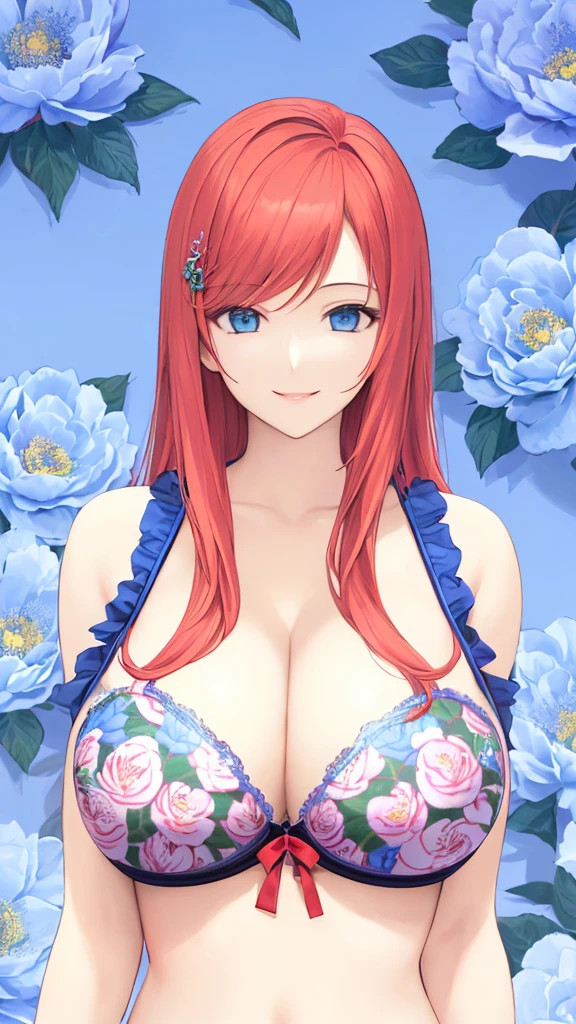 (masterpiece:1.3), (best quality:1.2), an extremely detailed beautiful girl, (extremely detailed red long hair:1.1), (center parted bangs:1.1), extremely detailed beautiful face and blue eyes, huge breasts, cleavage, smile, closed mouth, upper body, (extremely detailed blue peony flowers print bra:1.1), flower hair ornament,