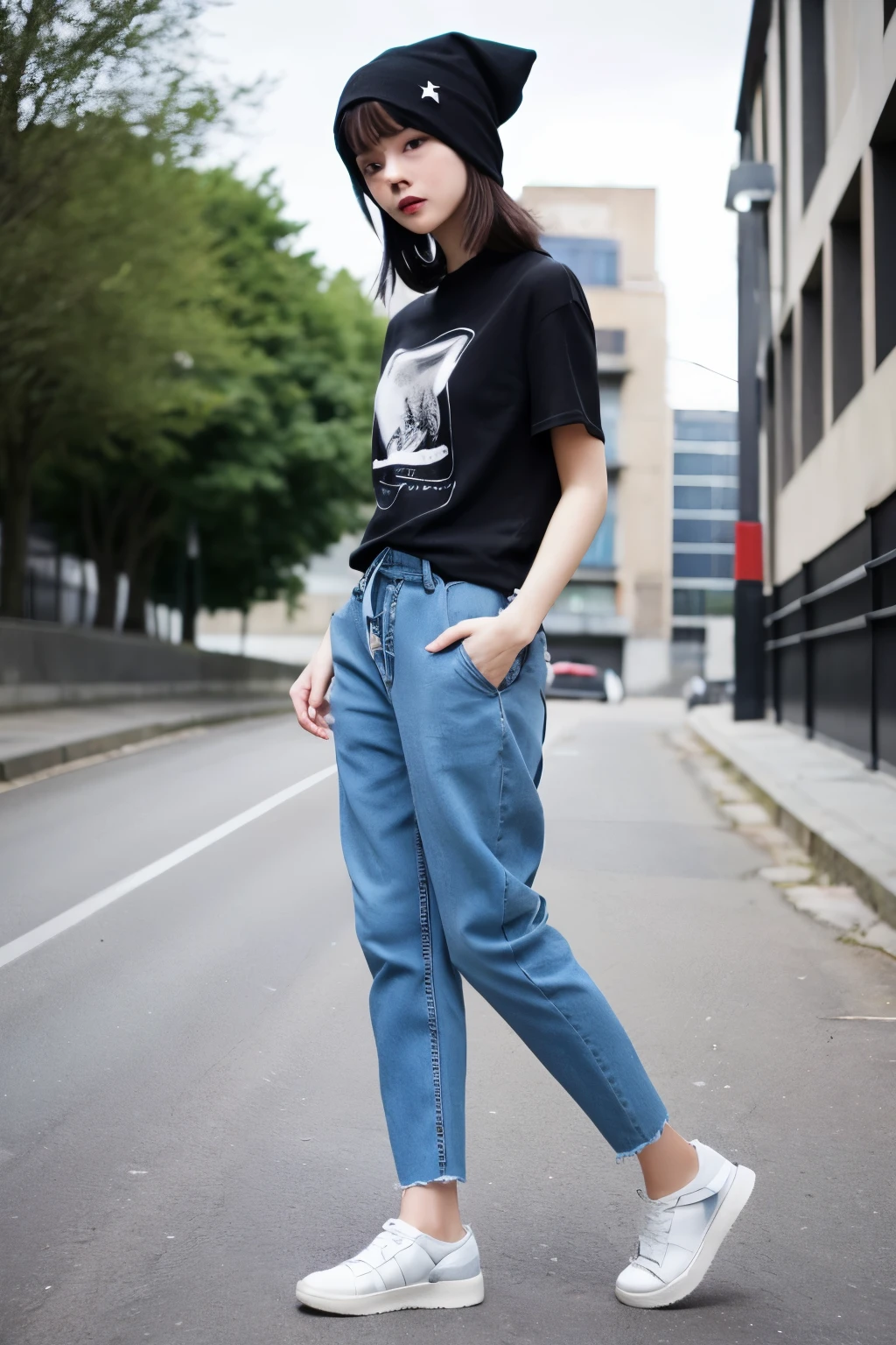 Fille anime hunterxhunter,  long dark brown hair,  yeux brun avec long cil Pantalon bleu foncé,  tee-shirts manche long noir,bonnet noir, chaussures blanches