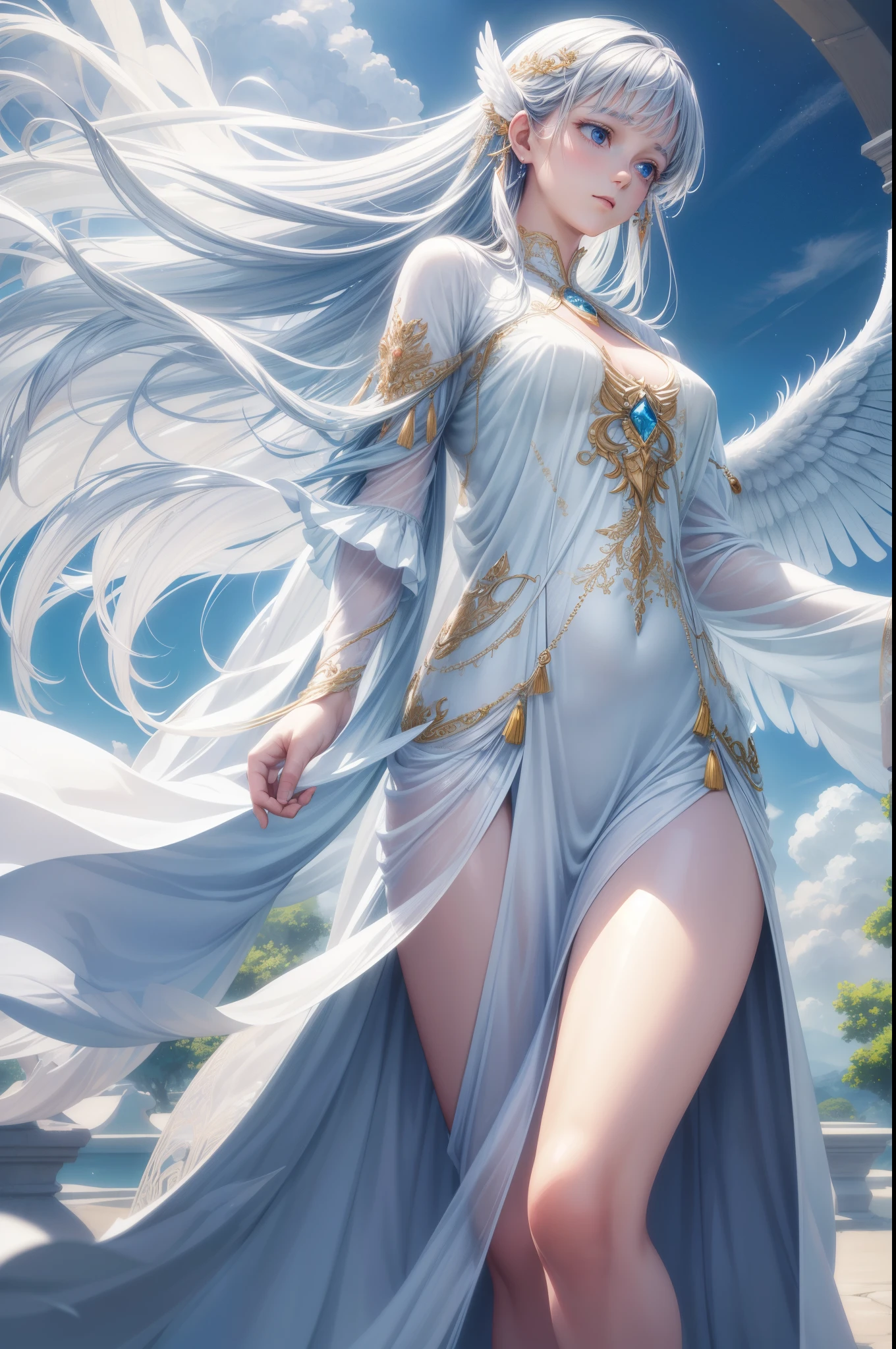 (best quality,4k,8k,highres,masterpiece:1.2), ultra-detailed, (realistic,photorealistic,photo-realistic:1.37), HDR, UHD, studio lighting, ultra-fine painting, sharp focus, physically-based rendering, extreme detail description, professional, vivid colors, bokeh, portraits, fantasy, ethereal, luminous, graceful movement, radiant, otherworldly, mystical, captivating, mesmerizing, soft pastel colors, delicately feathered wings, flowing loose hair, enchanting silver eyes, celestial beings, surreal atmosphere, heavenly light, dreamlike, angelic presence, serene expression, divine beauty, tranquil garden, pure white loincloths, elegant poses, ethereal aura, magical essence.