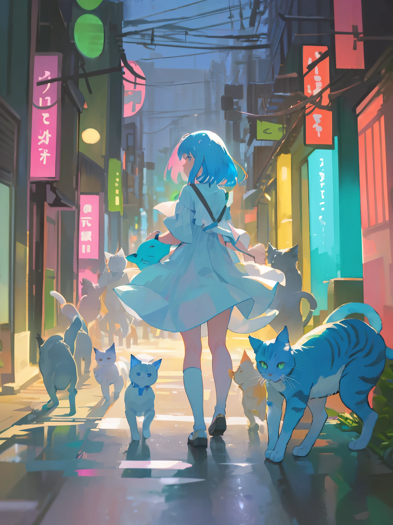 High Resolution, ultra detail, analogue photography, Vivid colors, soft focus, light leakage, dreamy atmosphere, A girl in a white dress walks down the street of Tokyo, there are 100 colorful cats around her, 100 cats of different colors follow a girl around the city, blue soft light