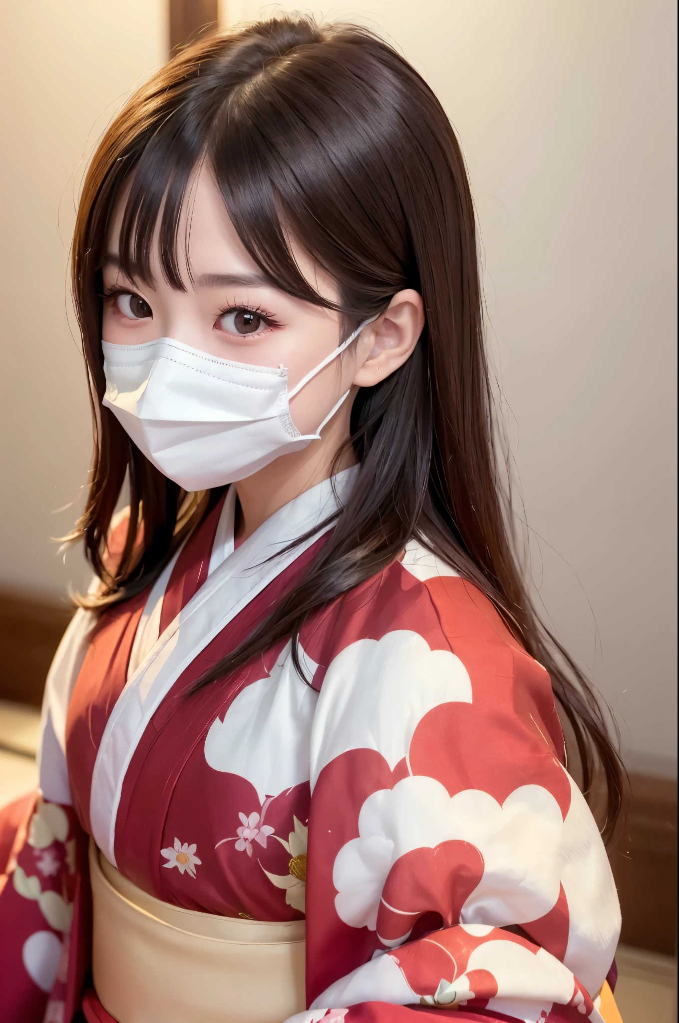 Smiling 15 year old Japan woman,, (((kimono))), ligh brown hair, Side chest, Korean Girl, Beautiful Korean Woman, Gorgeous young Korean woman, Beautiful young Korean woman, Asian Girl, Young adorable Korean face, Portrait of female Korean idol, Korean female, Popular Korean Makeup, Medium Long Hair, Popular Korean Makeup, (8K, Raw photo, top-quality, masterpiece: 1.45), full body Esbian、Very big breasts、(White Face Mask:1.4)