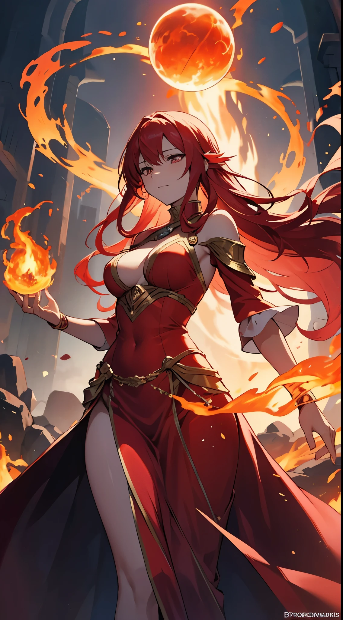 [[[ultra-detailed, best quality, soft skin, beautiful, 4K]]] a woman with red hair and a long dress is standing in the air, fire mage, fire dress, appears as the fire goddess, she has fire powers, casting fire spell, dress made of fire, the sorceress casting a fireball, fire spell, sorceress woman, a beautiful sorceress, epic exquisite character art, goddess of fire, evil, sinister, cave background.