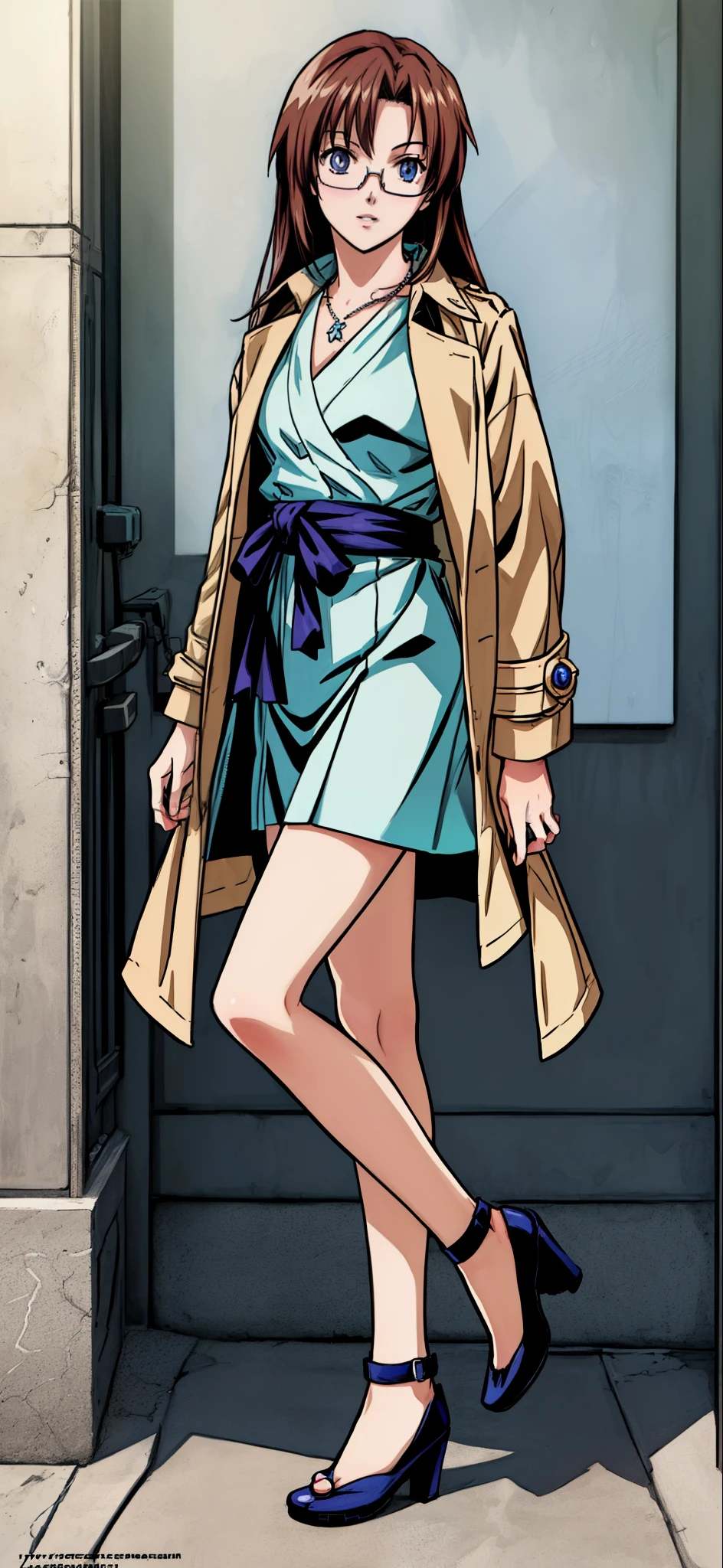 (Best Quality,4K,8K,hight resolution,masutepiece:1.2), Ultra-detailed, (Realistic,photoRealistic,photo-Realistic:1.37), Unhappy,eye glasses,((Dark hair)), ((Long hair)),Beige trench coat,a necklace,high-heels,Beautiful detailed eyes, Beautiful detailed lips, extremely detailed eye and face, long eyelashes, Realistic anime 3D style, Smooth Anime CG Art, Digital rendering by Makoto Shinkai, Moe Anime Art Style, photoRealistic rendering of an anime girl, Shinkai Makoto style, Cute anime girl visuals, Realistic young anime girl, girl fan art, Created by Anime Artist&#39;studio of.