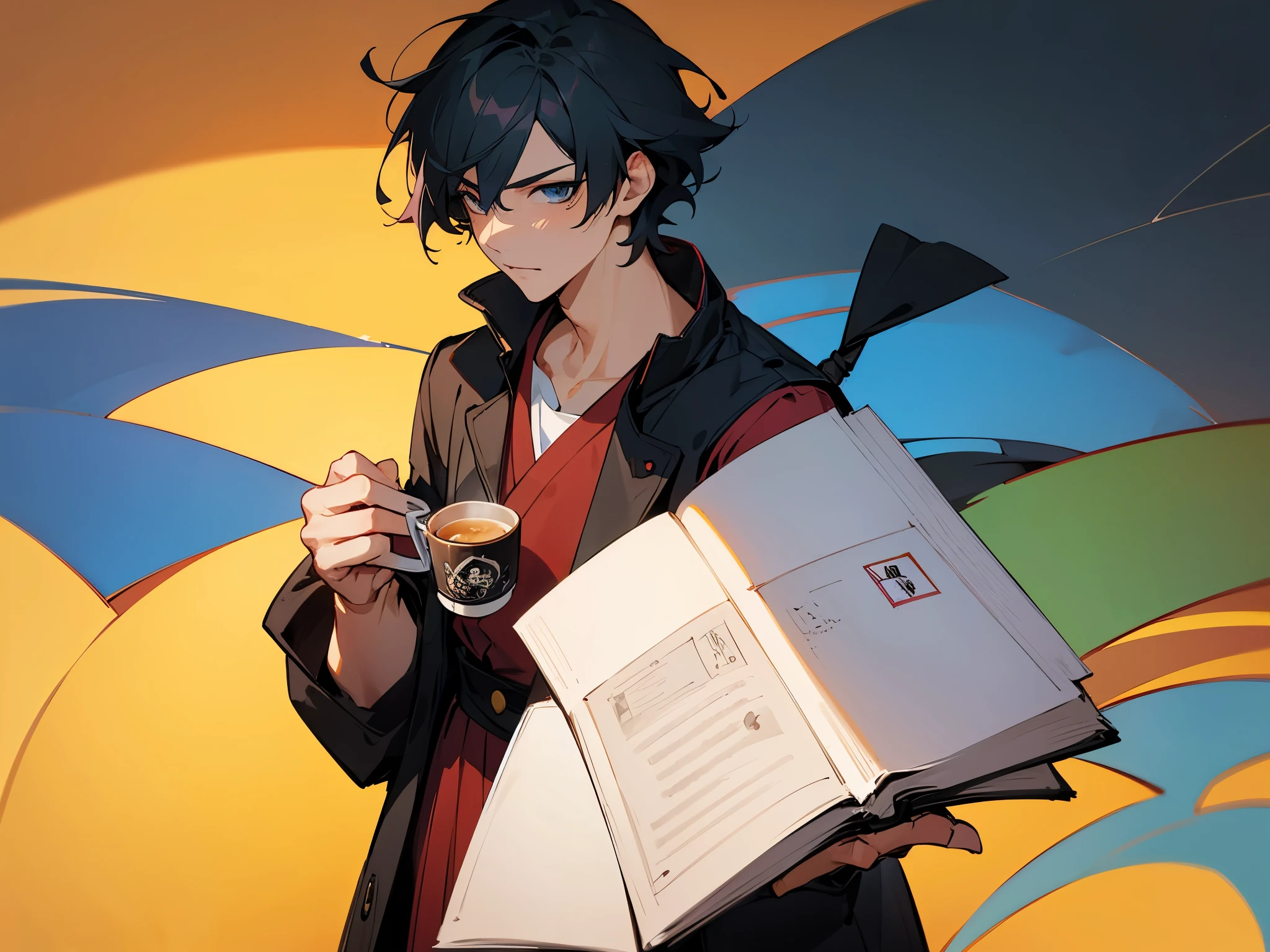 One handsome anime guy engrossed in a book, enjoying a coffee, ultra high res, 8K, HD
