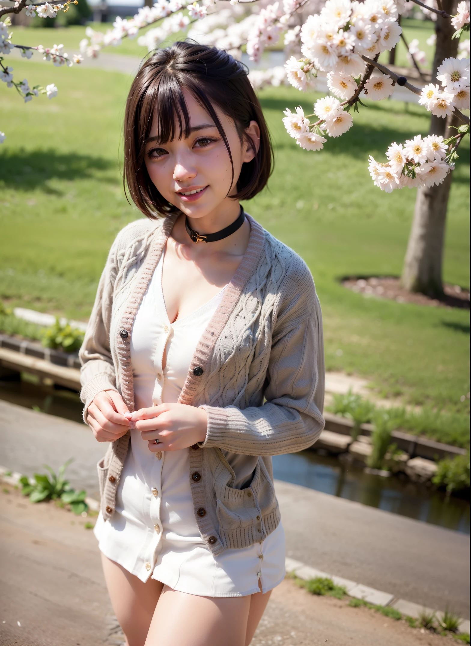 (realistic:1.4), best quality, ultra high res,
4k, instagram,higly detailed,
(cardigan: 1.5), plated skirt,
bangs,smile,
at the lake park, cherry blossom,
virtualgirl-rin,
small breasta,bob hair, short hair,brown hair, brown eyes, black choker,