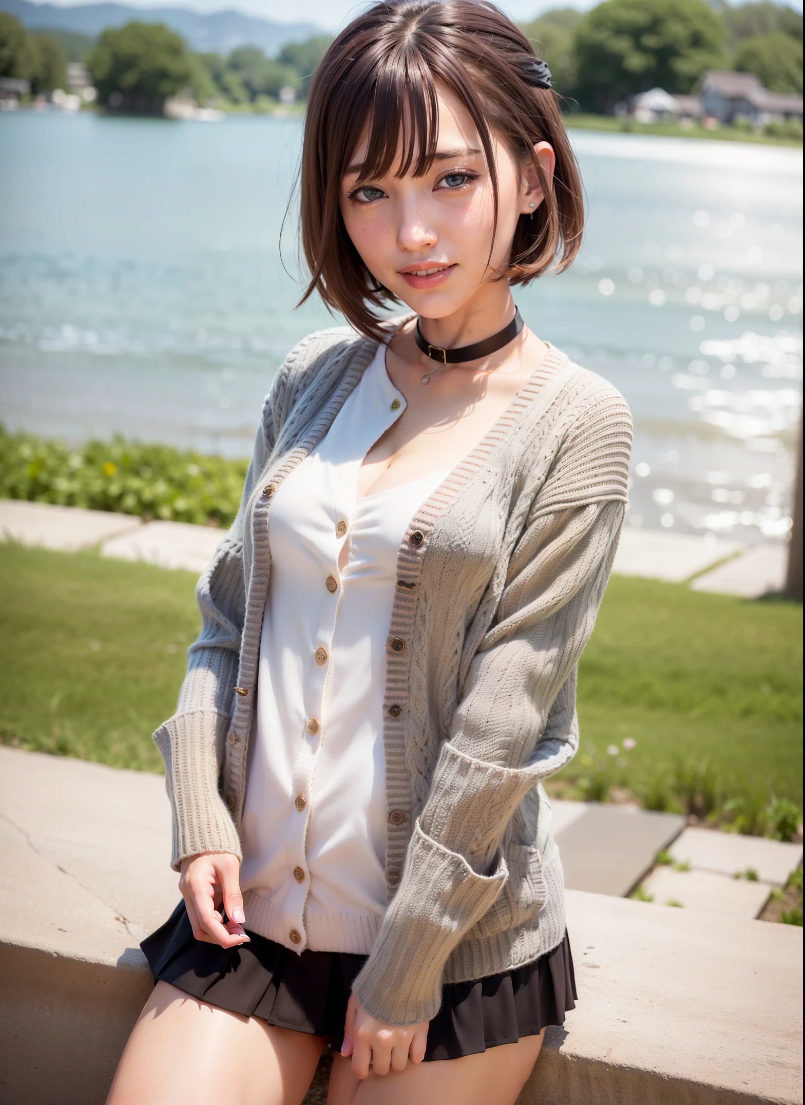 Best Quality, masutepiece, Photorealistic, High resolution, 8k RAW photo,Solo, 1girl in, NSFW、Semi-long hair、45 yers old、(Knitted mini skirt)、Squatting、slender body shape、fold your arms behind head、Wide-spread legs、 ((White detailed panties))、In a park where flowers bloom、A smile、high-heels、skirt rift