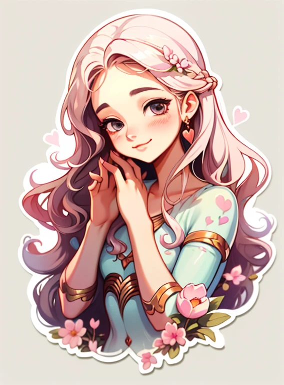 mixture,1girll, simple backgound, sportrait, Girl with long hair, Smiling girl, Beautiful Aphrodite girl,Hands to hearts， Aphrodite aesthetics, Beautiful girl, very beautiful fantasy art, Beautiful and elegant female Aphrodite, beautiful detailed fantasy, , Pink theme