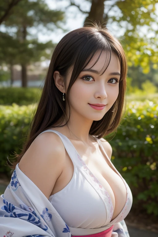 masutepiece, Best Quality,  Ultra-detailed, finely detail, hight resolution, 8K Wallpaper, Perfect dynamic composition, Beautiful detailed eyes,Kimono,Long hair, Big breasts, Natural Color Lip, Random and sexy poses,Smile,shrines、Looking at the camera、20 years girl、