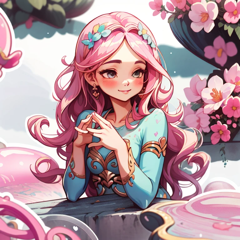 mixture,1girll, simple backgound, sportrait, Girl with long hair, Smiling girl, Beautiful Aphrodite girl,Hands to hearts, Aphrodite aesthetics, Beautiful girl, very beautiful fantasy art, Beautiful and elegant female Aphrodite, beautiful detailed fantasy, , Pink theme