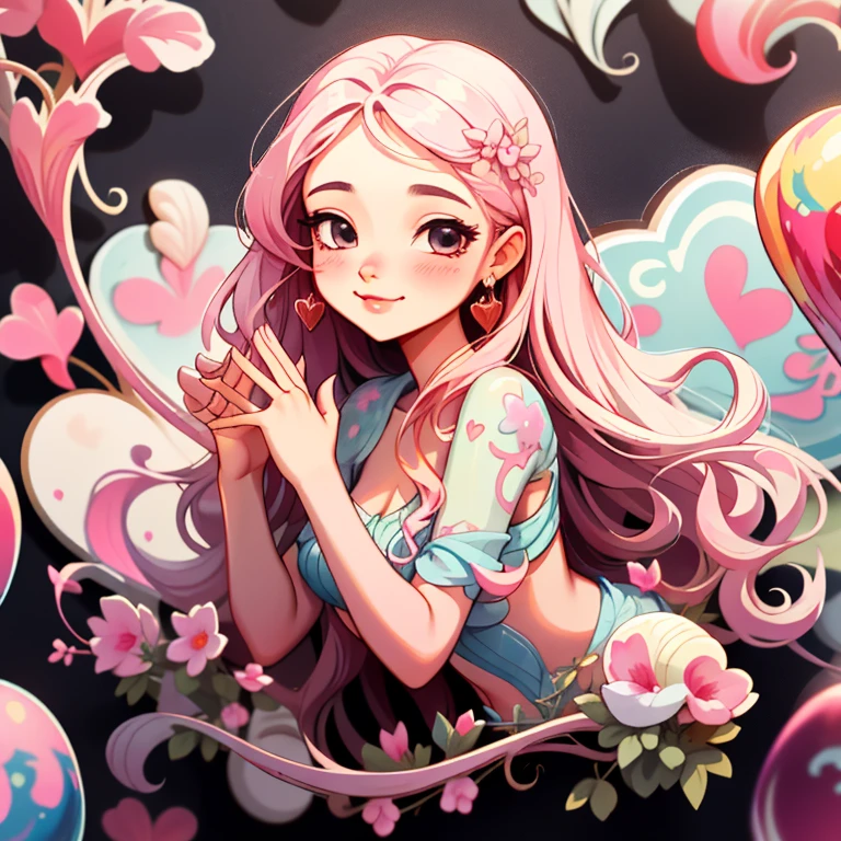 mixture,1girll, simple backgound, sportrait, Girl with long hair, Smiling girl, Beautiful Aphrodite girl,Hands to hearts， Aphrodite aesthetics, Beautiful girl, very beautiful fantasy art, Beautiful and elegant female Aphrodite, beautiful detailed fantasy, , Pink theme