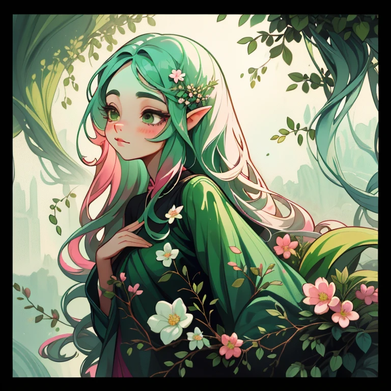 adesivo,1girl, fundo simples, retrato, girl with long hair, beautiful flower girl, flower aesthetic, beautiful girl, very beautiful fantasy art, beautiful and elegant female fairy, beautiful detailed fantasy, green and pink color palate, green color-theme