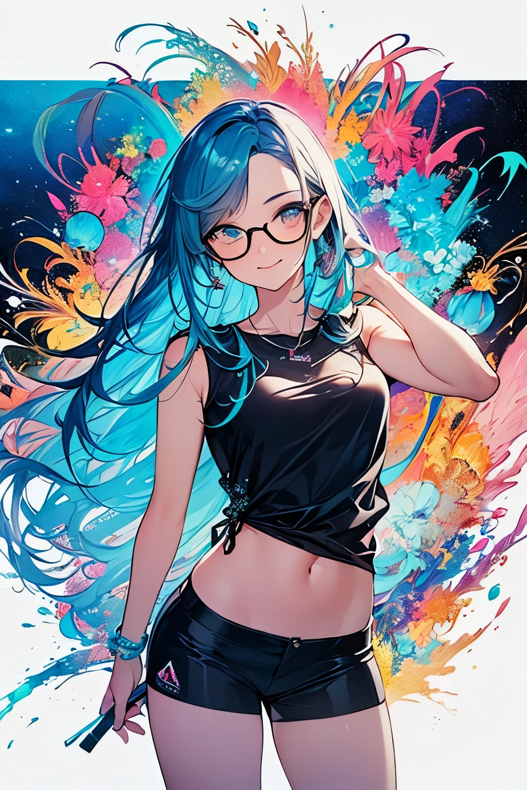 ((Obra maestra, La mejor calidad, La mejor calidad, Aguacolor Medium Painting), Arte Oficial, beautiful and aesthetic: 1.2)), (1 girl: 1.3), (Arte fractal: 1.3), (cuerpo completo)), derriere (cabello iridiscente, De color Hair, Cabello mitad azul y mitad rosa: 1.2), Agua, liquid, nubes, De color, cielo estrellado, meteoro, They are smiling, (gafas), cerrar, heterochromia, (De color: 1.5), ((uniforme)) , Antecedentes detallados, (((pupilas brillantes)), ((ropa con pecho grande)), ((tear))