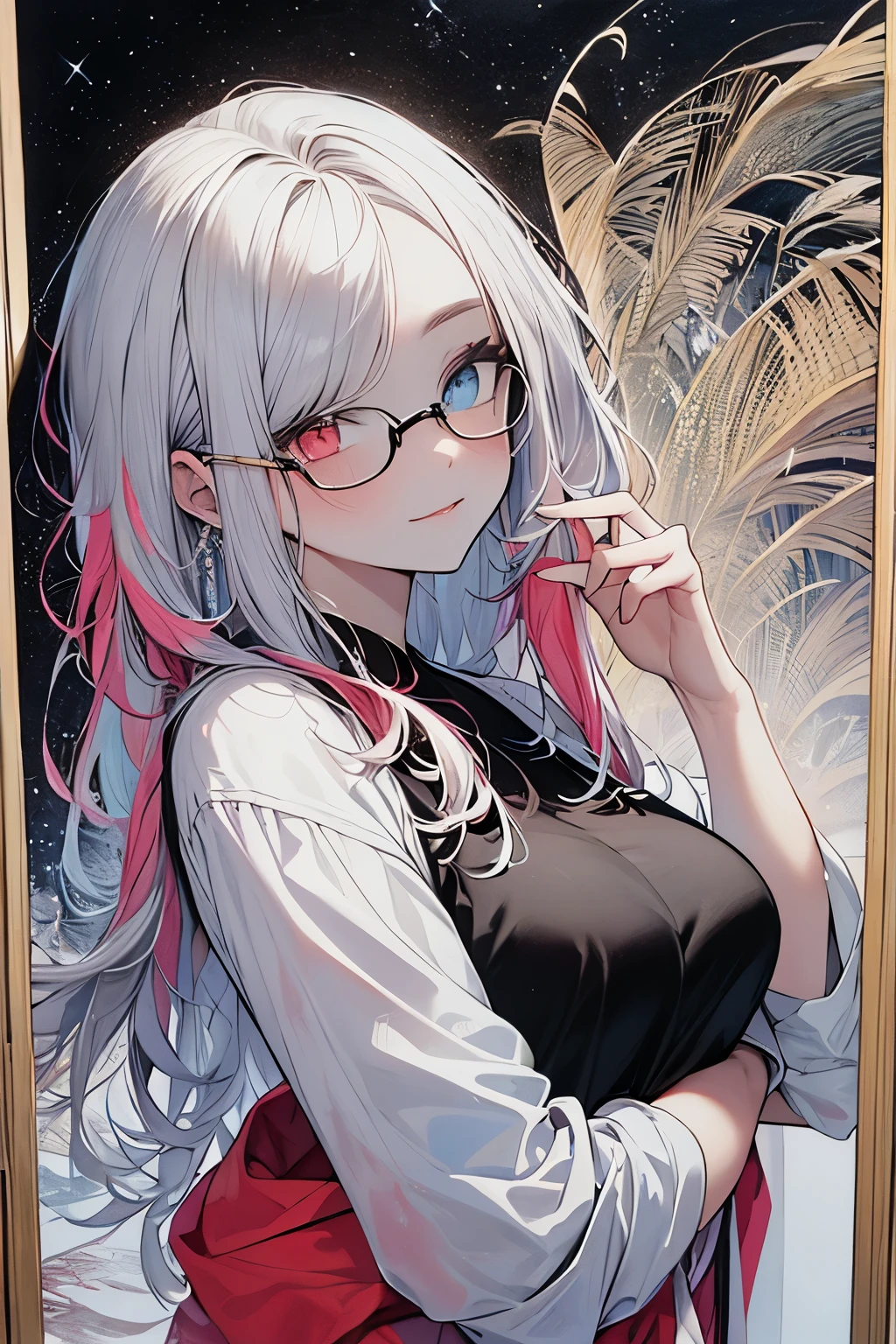 One girl, alone, Long Hair, View your viewers, smile, bangs, 水色のJacket, Red pastel skirt、Red eyes,White hair in the eye、Beautiful eyes that shine、Long sleeve, Boater hat、jewelry, Sitting, Jacket, Upper Body, Silver Hair、 earrings, Glasses, teeth, Grin, open Jacket, black Jacket, Earrings, sunGlasses, ring, ear Earrings, cigarette, cigarette, 喫cigarette, 色付きGlasses, White Background、White background,Umaibo、Candy