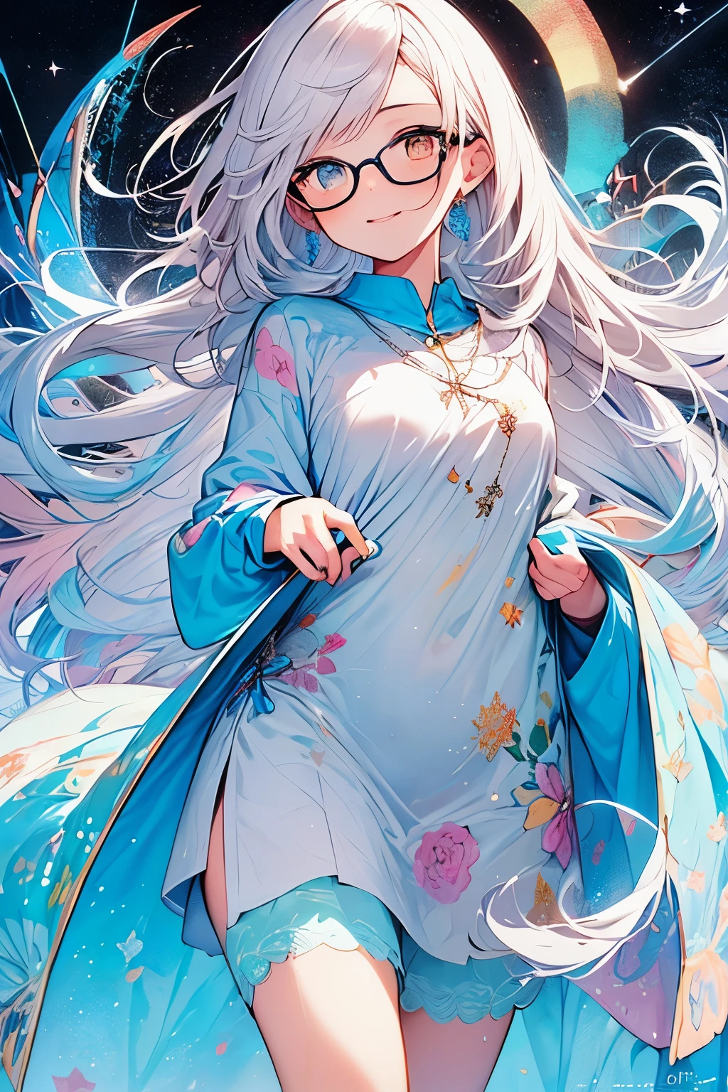 ((Obra maestra, La mejor calidad, La mejor calidad, Aguacolor Medium Painting), Arte Oficial, beautiful and aesthetic: 1.2)), (1 girl: 1.3), (Arte fractal: 1.3), (cuerpo completo)), derriere (cabello iridiscente, De color Hair, Cabello mitad azul y mitad rosa: 1.2), Agua, liquid, nubes, De color, cielo estrellado, meteoro, They are smiling, (gafas), cerrar, heterochromia, (De color: 1.5), ((uniforme)) , Antecedentes detallados, (((pupilas brillantes)), ((ropa con pecho grande)), ((tear))