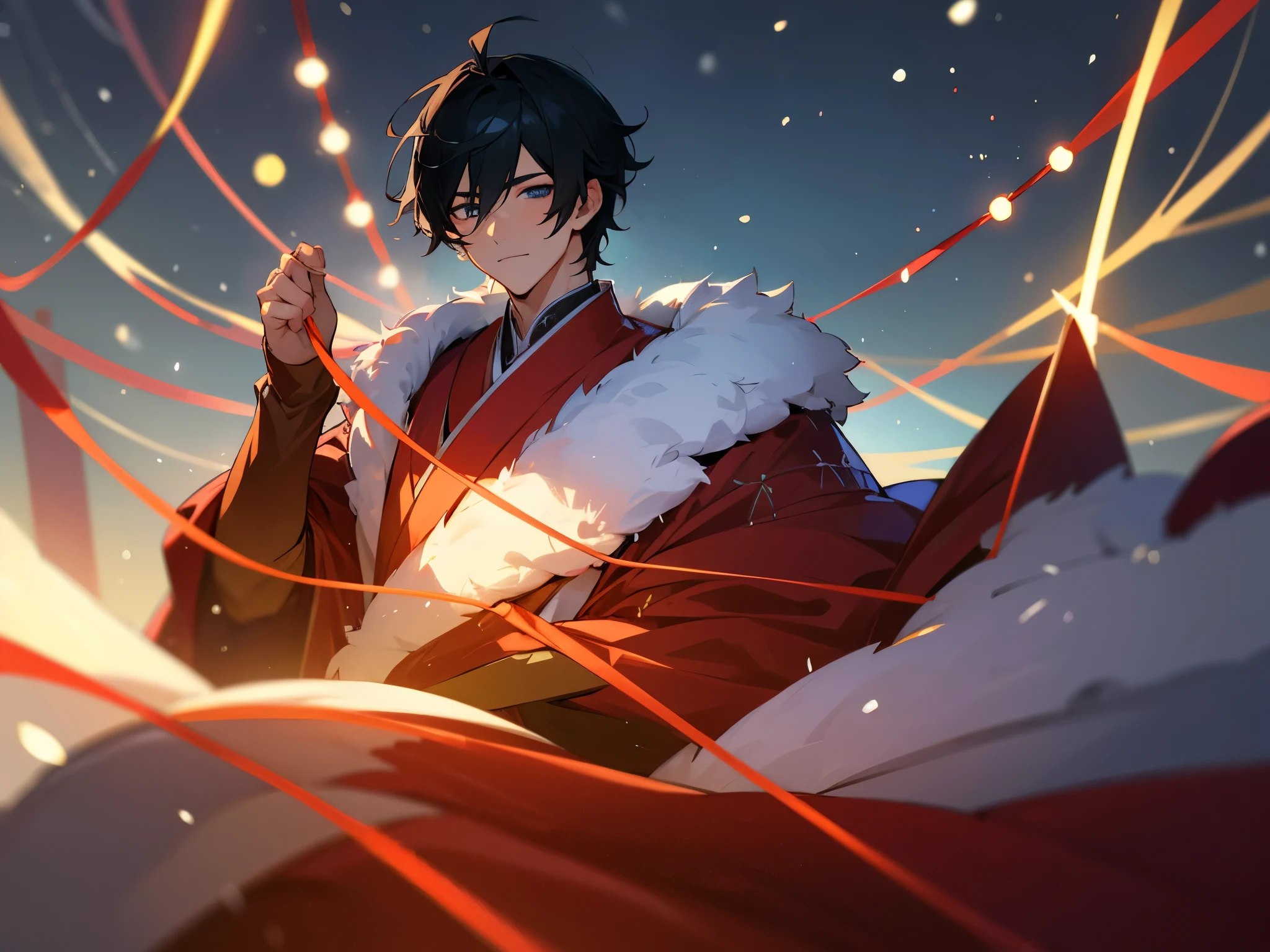 One handsome anime guy in festive attire, celebrating the holiday season with decorations, lights, and perhaps even a touch of snow, ultra high res, 8K, HD