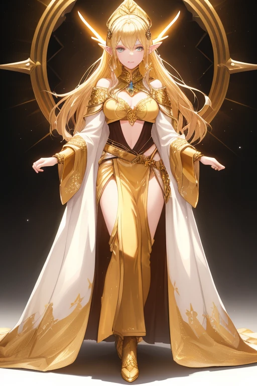 full body portrait of a female character, golden elf, golden hair, golden clothes, elven race, detailed eyes, detailed face, royal costume, with a glow of light around her, (best quality, masterpiece: 1.2), Vivid colors, luminous lighting, bright golden tone.