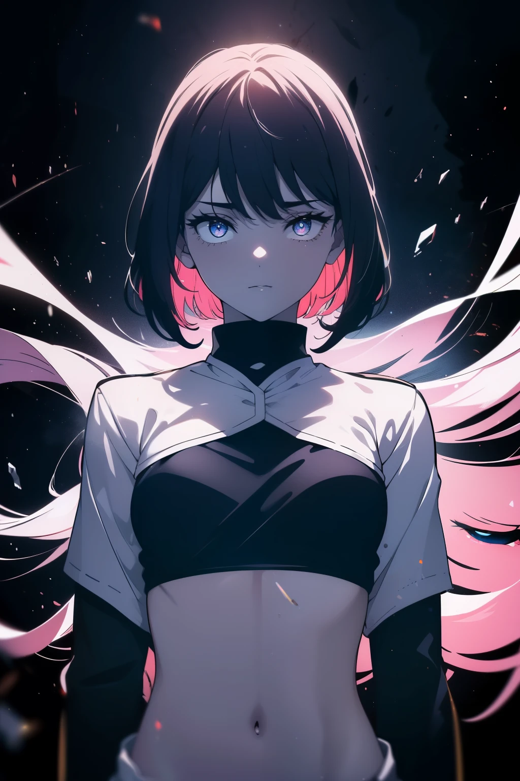 (obra maestra, La mejor calidad, ultrahigh resolution), 1girl, En pie, Uniforme escolar, Camisa blanca de oficina, falda plisada negra, ((Negro azabache, Negro azabache hair:0.7), corte de pelo largo, Pale skin, ((blue ojos)), resplandeciente_ojos, neon ojos, (ultra detailed ojos, Cara hermosa y detallada, detailed ojos:0.9), ((centrado)), They are smiling, ((Plano amplio)), Visor de cara, Nivel de los ojos, (black fondo, brasas, Fuego), pecho plano, Mirando al espectador, ((half closed ojos)), ((Manos perfectas)), (((cabeza, Armas, Caderas, Codos, a la vista))), ((hands behind your back)), empty ojos, beautiful lighting, fondo, tema definido, 25 years old, Perfect anatomy, cuerpo perfecto
