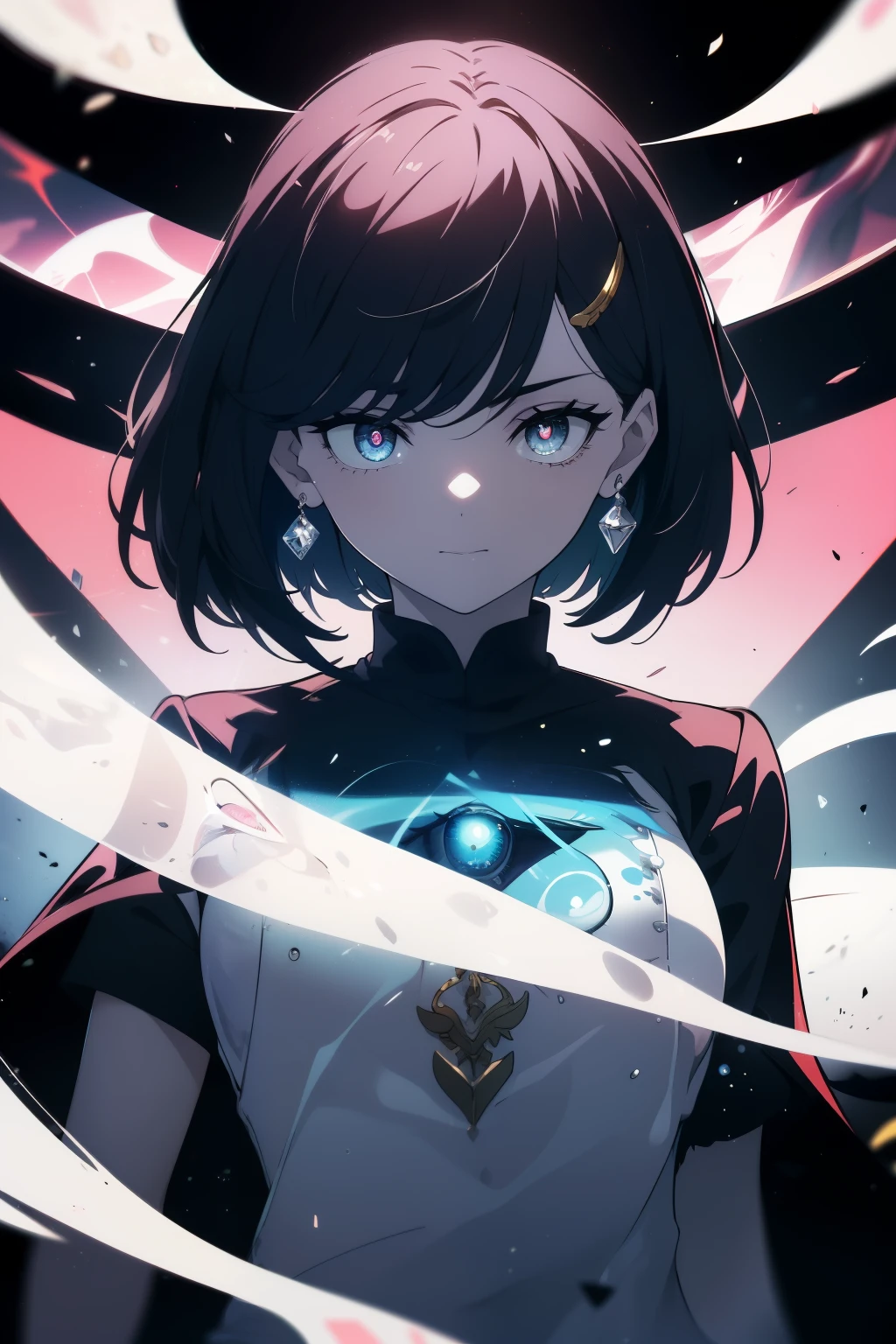 (obra maestra, La mejor calidad, ultrahigh resolution), 1girl, En pie, Uniforme escolar, Camisa blanca de oficina, falda plisada negra, ((Negro azabache, Negro azabache hair:0.7), corte de pelo largo, Pale skin, ((blue ojos)), resplandeciente_ojos, neon ojos, (ultra detailed ojos, Cara hermosa y detallada, detailed ojos:0.9), ((centrado)), They are smiling, ((Plano amplio)), Visor de cara, Nivel de los ojos, (black fondo, brasas, Fuego), pecho plano, Mirando al espectador, ((half closed ojos)), ((Manos perfectas)), (((cabeza, Armas, Caderas, Codos, a la vista))), ((hands behind your back)), empty ojos, beautiful lighting, fondo, tema definido, 25 years old, Perfect anatomy, cuerpo perfecto