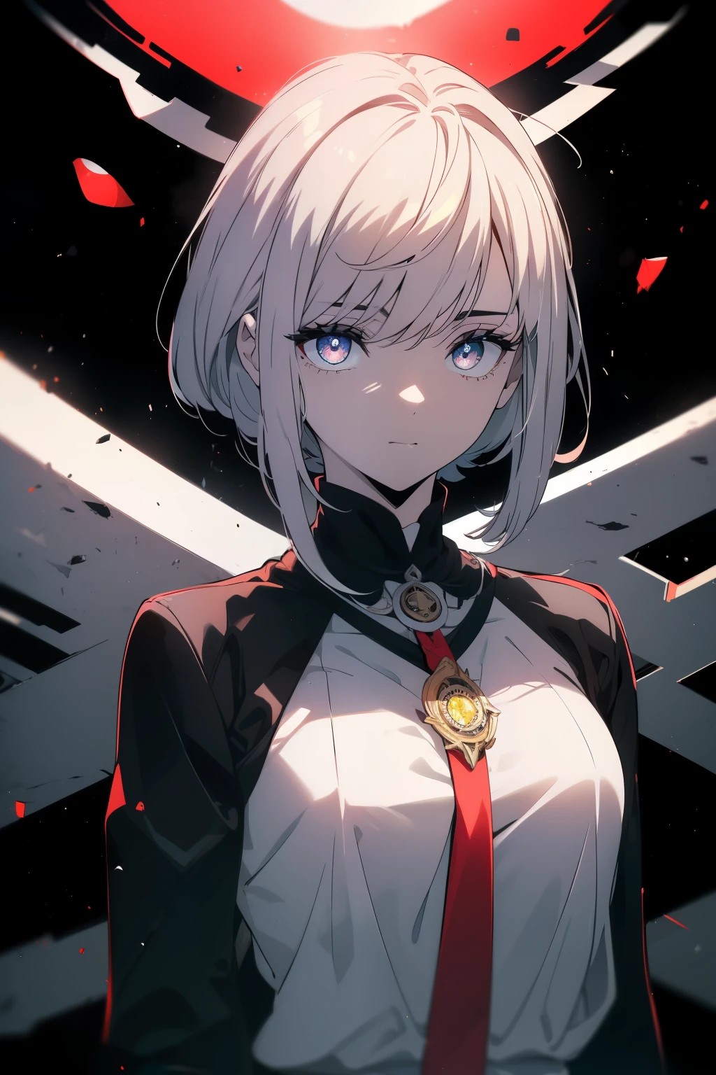 (obra maestra, La mejor calidad, ultrahigh resolution), 1girl, En pie, Uniforme escolar, Camisa blanca de oficina, falda plisada negra, ((Negro azabache, Negro azabache hair:0.7), corte de pelo largo, Pale skin, ((blue ojos)), resplandeciente_ojos, neon ojos, (ultra detailed ojos, Cara hermosa y detallada, detailed ojos:0.9), ((centrado)), They are smiling, ((Plano amplio)), Visor de cara, Nivel de los ojos, (black fondo, brasas, Fuego), pecho plano, Mirando al espectador, ((half closed ojos)), ((Manos perfectas)), (((cabeza, Armas, Caderas, Codos, a la vista))), ((hands behind your back)), empty ojos, beautiful lighting, fondo, tema definido, 25 years old, Perfect anatomy, cuerpo perfecto