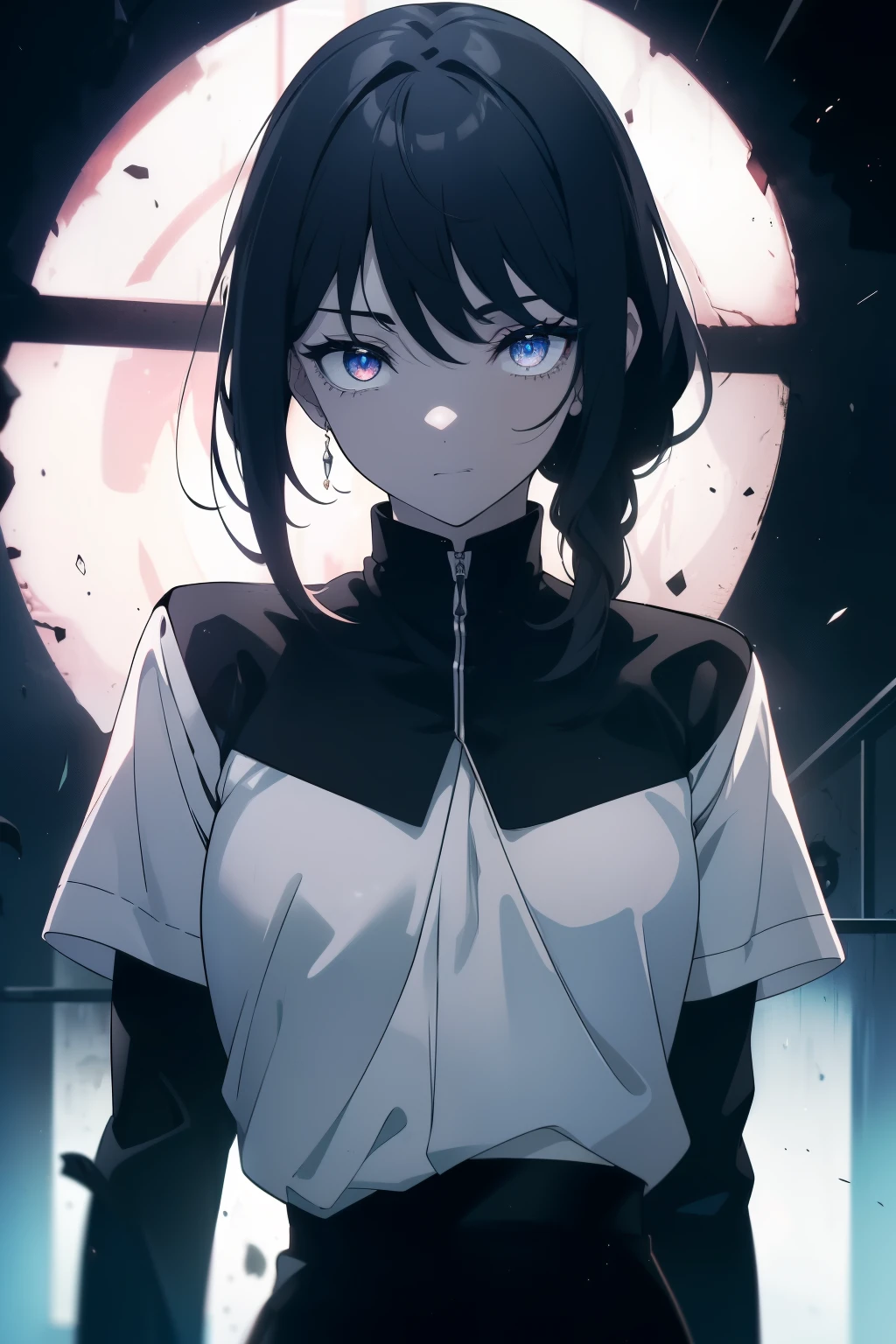 (obra maestra, La mejor calidad, ultrahigh resolution), 1girl, En pie, Uniforme escolar, Camisa blanca de oficina, falda plisada negra, ((Negro azabache, Negro azabache hair:0.7), corte de pelo largo, Pale skin, ((blue ojos)), resplandeciente_ojos, neon ojos, (ultra detailed ojos, Cara hermosa y detallada, detailed ojos:0.9), ((centrado)), They are smiling, ((Plano amplio)), Visor de cara, Nivel de los ojos, (black fondo, brasas, Fuego), pecho plano, Mirando al espectador, ((half closed ojos)), ((Manos perfectas)), (((cabeza, Armas, Caderas, Codos, a la vista))), ((hands behind your back)), empty ojos, beautiful lighting, fondo, tema definido, 25 years old, Perfect anatomy, cuerpo perfecto