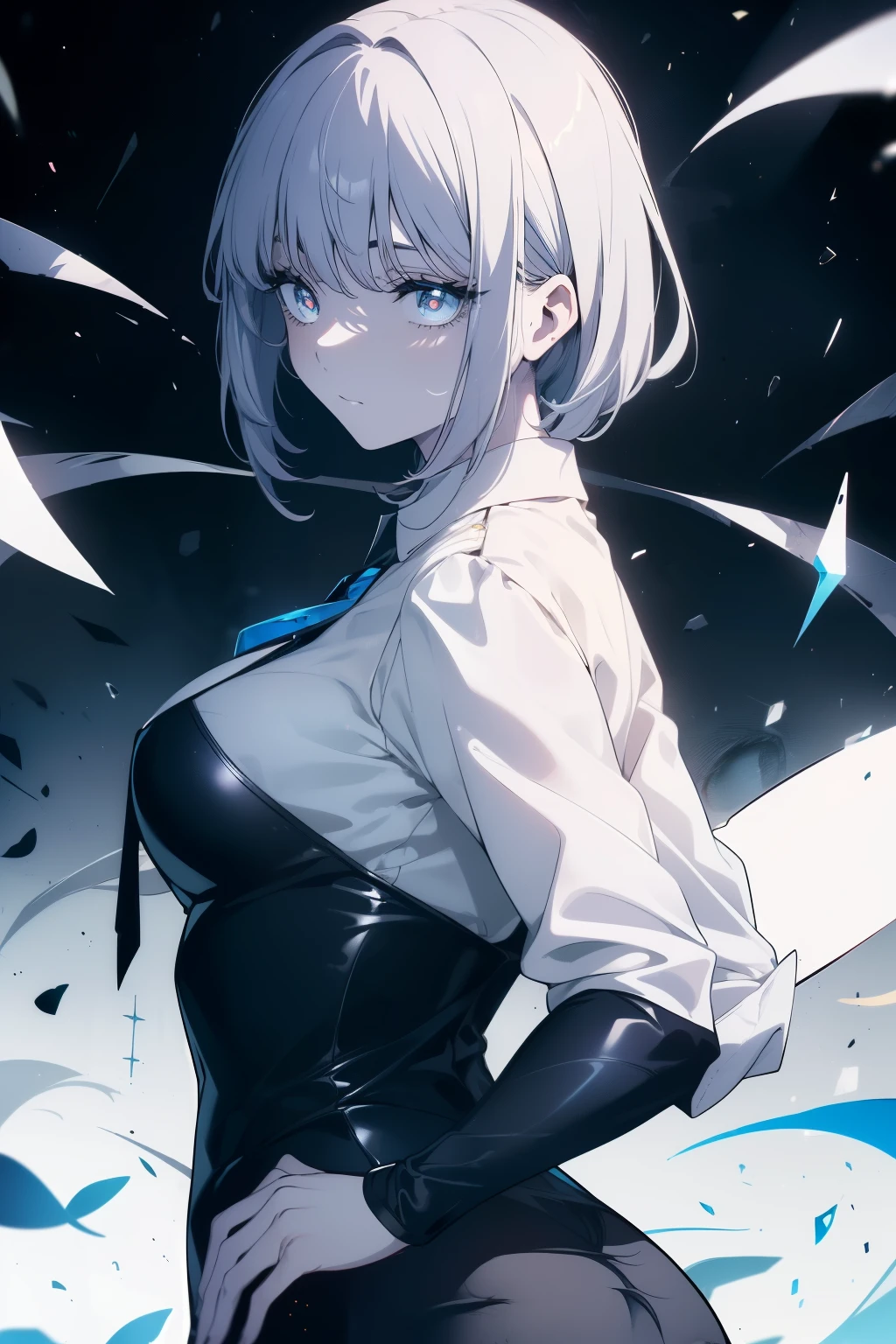 (obra maestra, La mejor calidad, ultrahigh resolution), 1girl, En pie, Uniforme escolar, Camisa blanca de oficina, falda plisada negra, ((Negro azabache, Negro azabache hair:0.7), corte de pelo largo, Pale skin, ((blue ojos)), resplandeciente_ojos, neon ojos, (ultra detailed ojos, Cara hermosa y detallada, detailed ojos:0.9), ((centrado)), They are smiling, ((Plano amplio)), Visor de cara, Nivel de los ojos, (black fondo, brasas, Fuego), pecho plano, Mirando al espectador, ((half closed ojos)), ((Manos perfectas)), (((cabeza, Armas, Caderas, Codos, a la vista))), ((hands behind your back)), empty ojos, beautiful lighting, fondo, tema definido, 25 years old, Perfect anatomy, cuerpo perfecto