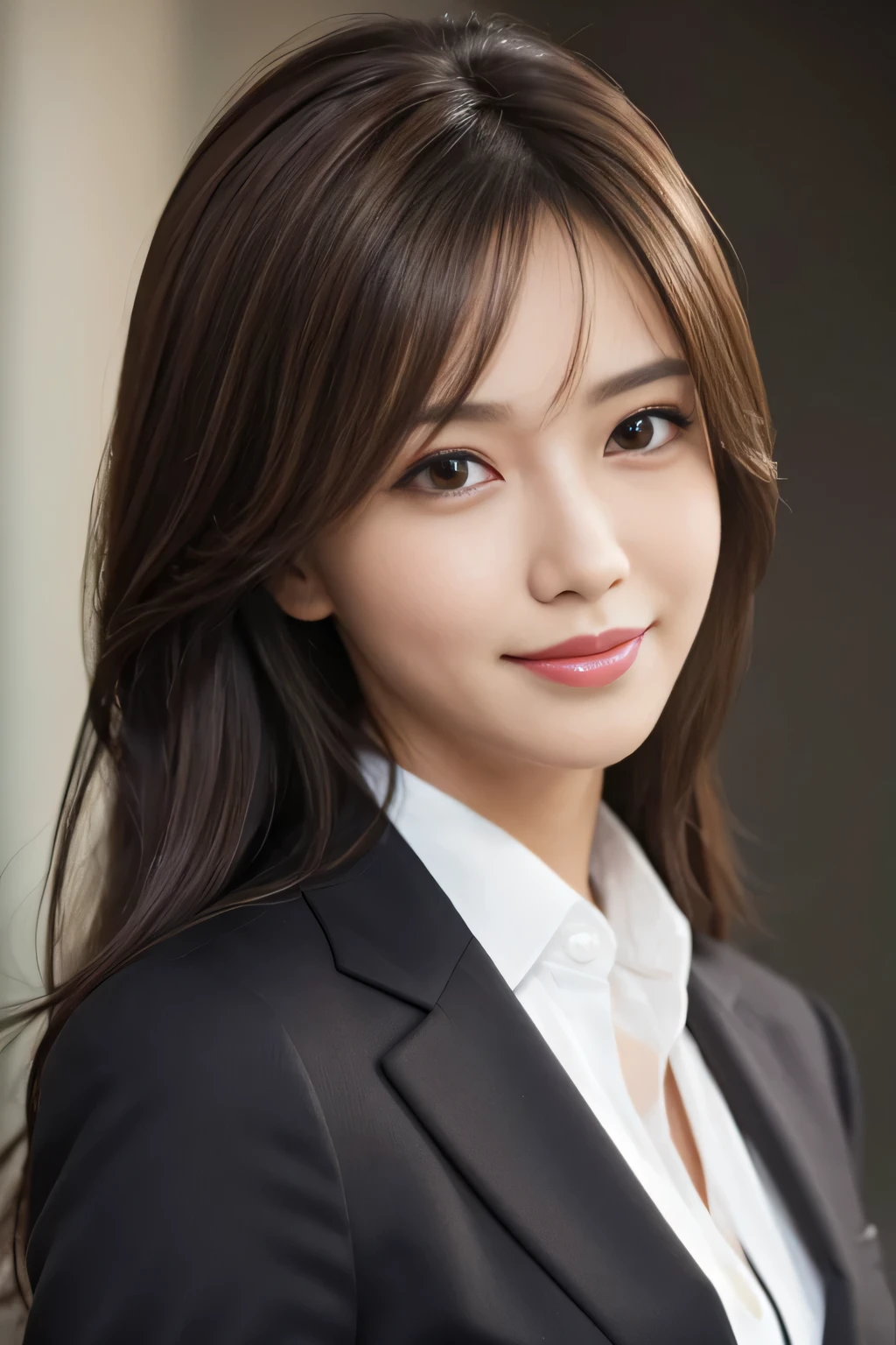 masutepiece, Best Quality, Photorealistic, Ultra-detailed, finely detail, High resolution, 8K Wallpaper, 1 beautiful woman,, light brown messy hair, in a business suit, foco nítido, Perfect dynamic composition, Beautiful detailed eyes, detailed hairs, Detailed realistic skin texture, Smiling, Close-up portrait, Model body type