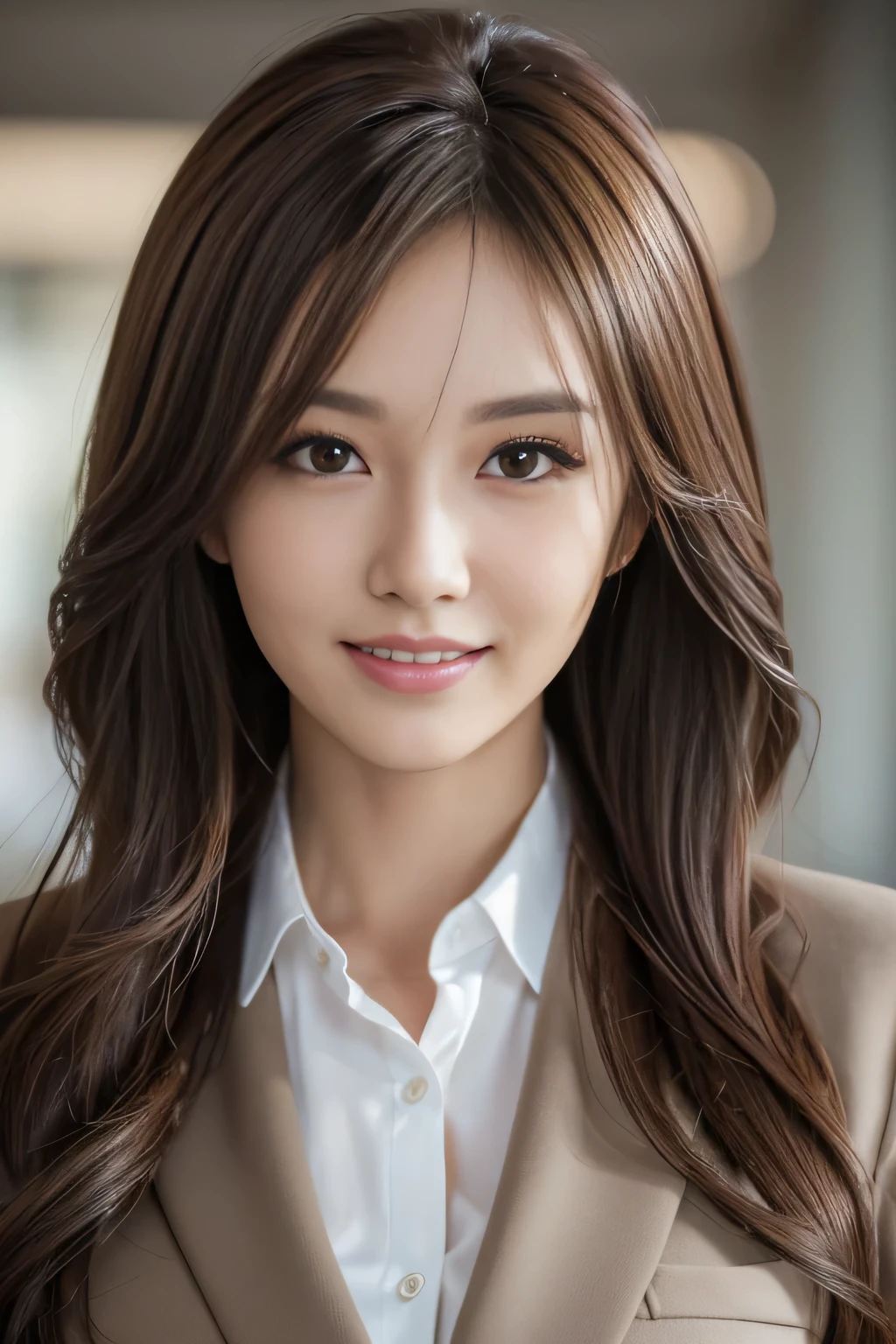 masutepiece, Best Quality, Photorealistic, Ultra-detailed, finely detail, High resolution, 8K Wallpaper, 1 beautiful woman,, light brown messy hair, in a business suit, foco nítido, Perfect dynamic composition, Beautiful detailed eyes, detailed hairs, Detailed realistic skin texture, Smiling, Close-up portrait, Model body type