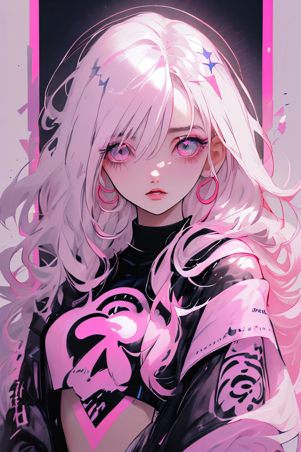Estilo Niji, 1girl, solamente, Cabello largo, Mirando al espectador, fondo de ojo azul, fondo blanco, jewely, boca cerrada, chaqueta, Parte superior del cuerpo, cabello rosado, Pendientes, ojos rosados, collar, desde un lado, pullover, labios, lashes, maquillaje, cabello ondulado, penetrante, cruz, labiostick, ear penetrante, sombra de ojos, hoop Pendientes, pink labios, ojos multicolores, Tema rosa, , pink sombra de ojos,