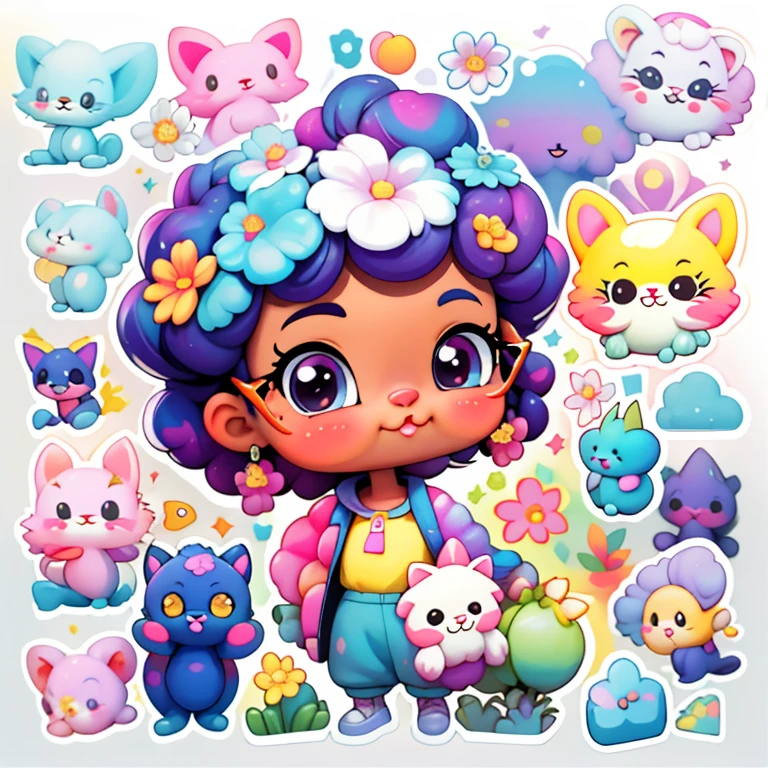 a cartoon girl with glasses, african american girl, african american elegant girl, purple backpack, long pants, lots of bubbles, flowers, super cute funky black girl, cute detailed digital art, portrait of a lisa frank, cute digital art, cartoon artstyle, cartoon art style, colorfull illustration, advanced digital chibi art, cartoon style illustration, adorable digital painting, cute art style, lisa frank style, cute cartoon character, colorful flowers