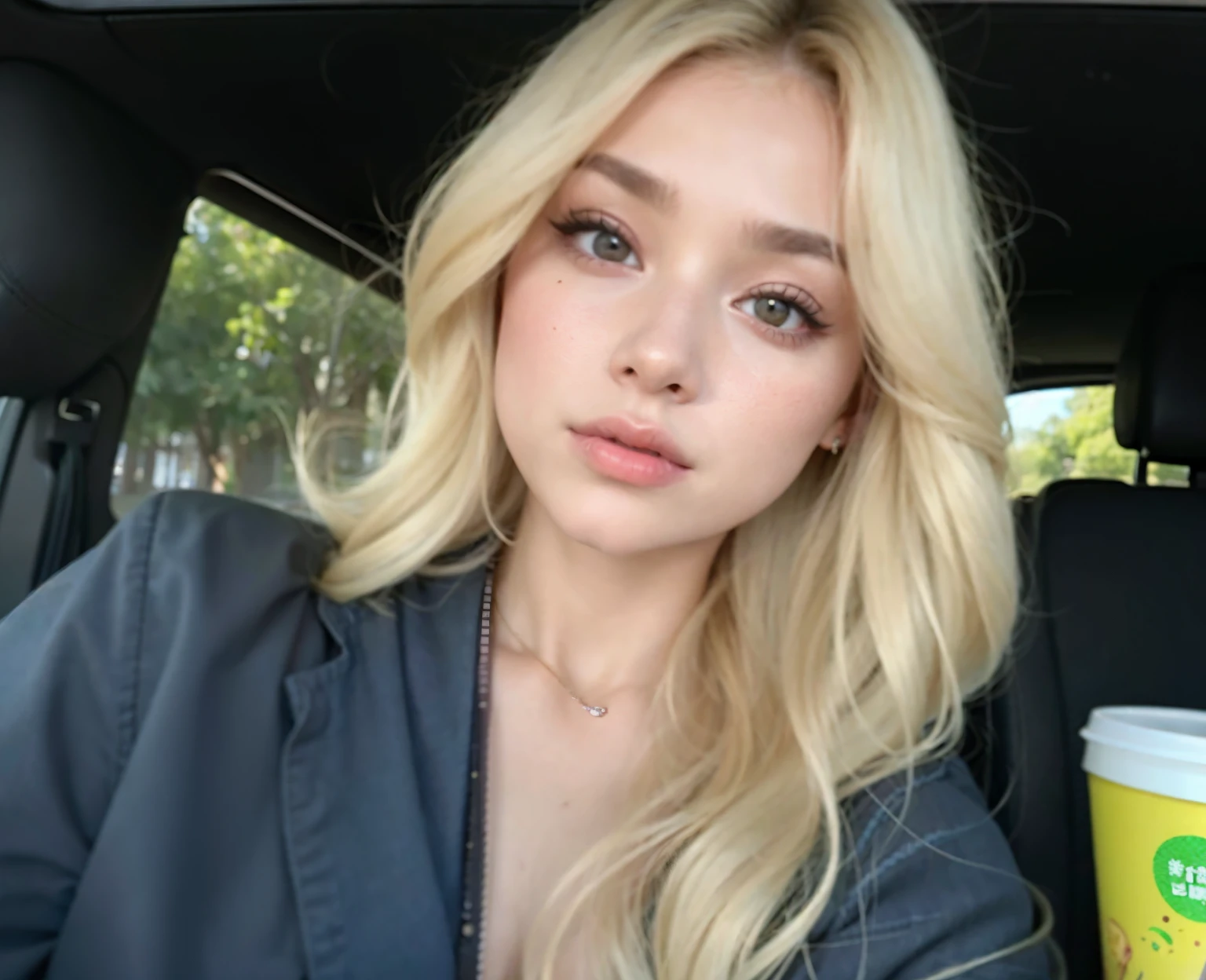 A woman in a car with a cup of coffee and a drink, Sidnei Sweeney, Taran Dasha, cabelos loiros e olhos grandes, Retrato Sophie Mudd, Kailee Mandel, longos cabelos loiros e olhos grandes, Retrato de Kim Petras, uma menina com cabelo loiro, Sidnei Hanson, angelawhite, Angie Glocka, rosto como ester exposito