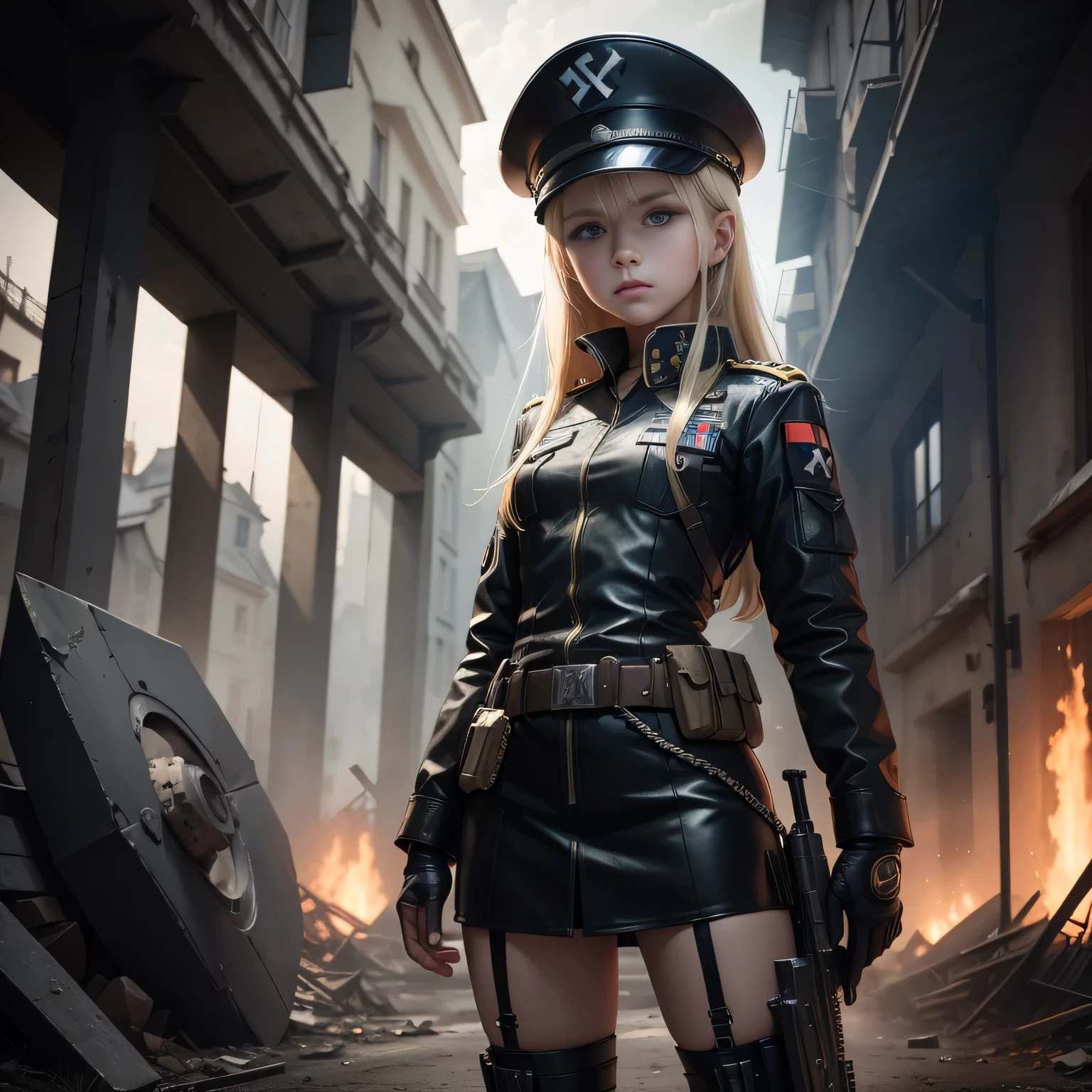 Destroyed towns, germany girl , nazi anime girls , , Ukraine ,  Full body composition of young girl with messy bright blonde hair, blue eye, make up, 13 year old,  wearing a nazi black leather uniform, military hat, commander, Soft lighting, Solo, Old torn dirty shabby futuristic military uniform, badges, Pose, black color, Octane Render, Hyperrealistic intricate detail, Cinematic, 8K resolution, 70mm, Accent Lighting, Global Illumination, Full body portrait, clean detailed faces, intricate clothing, Cute face, flat chest, Slim waist, Slim legs, small hips,Wearing a thick steel combat suit,Combat helmet,Holding the Gatling gun in your hand,