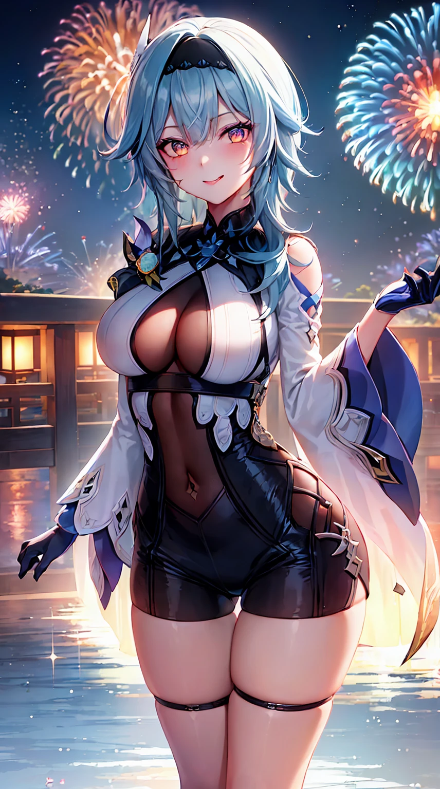 ((highly detailed)), genshin impact, eula, perfect human hands, (great breast:1.1),masterpiece, best quality, ultra-detailed, glistening shiny, glowing light, ray tracing, HDR, deph of field, (perfect face, detailed face, detailed eyes,perfect hands,perfect fingeredium boobs:1.2),8k,HD,ultra realistic face,ray tracing,perfect lighting,best quality, ultra-detailed, shiny eyes, (looking at viewer, tongue out, smile:1.1), ((1girl:1.2)),cowboy shot,thicc,streaked_hair,((yellow gradient hair)),multicolored eyes, gradient eyes, (glowing eyes:1.5), mascara, (fashion make up), parted lips,blush,cameltoe,all fouriddle of japanese countryside,japanese bridge,over the bridge,(fireworks:1.3),night,river,cherry trees,dark blue sky),((super detailed background)), dynamic poses, ((8k wallpaper)), (mature female), face up, (yukata:1.2)