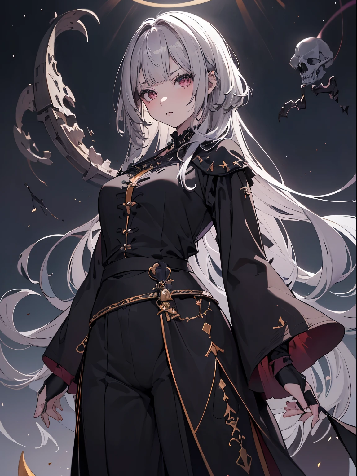 ((Obra maestra、La mejor calidad、high precision、Alto y fino))), ((fantasy)), 1girl, ((nigromante))), (heavy black nigromantes robes, pantalones, ), (ciudad blanca corta de haintasy en la noche, devious expression, Dynamic Angle, ojos lilas, Skulls and bones,