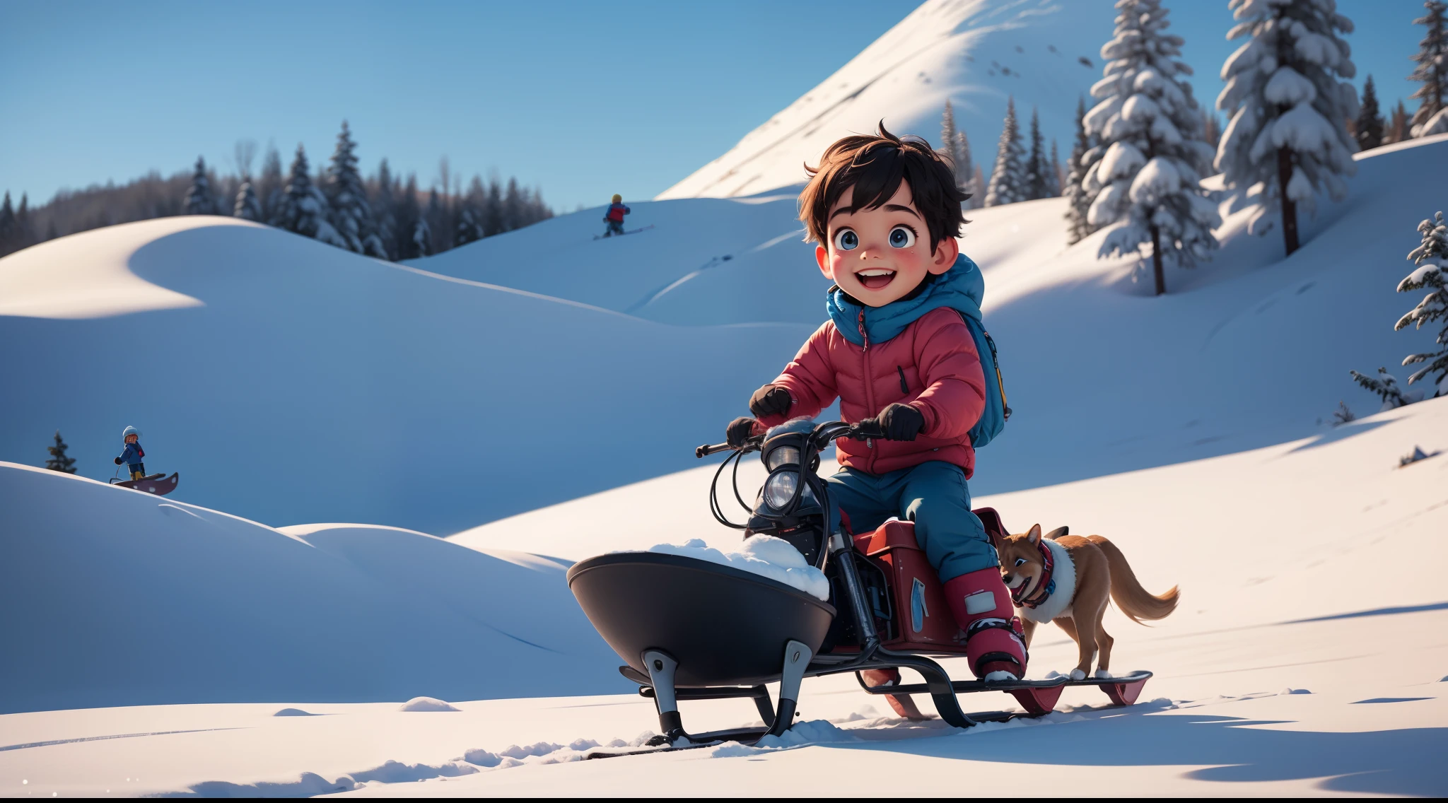 A happy riding on a sled, In the snow in winter, Carrying a small blue backpack, down jacket, thick pants, blue ski boots
