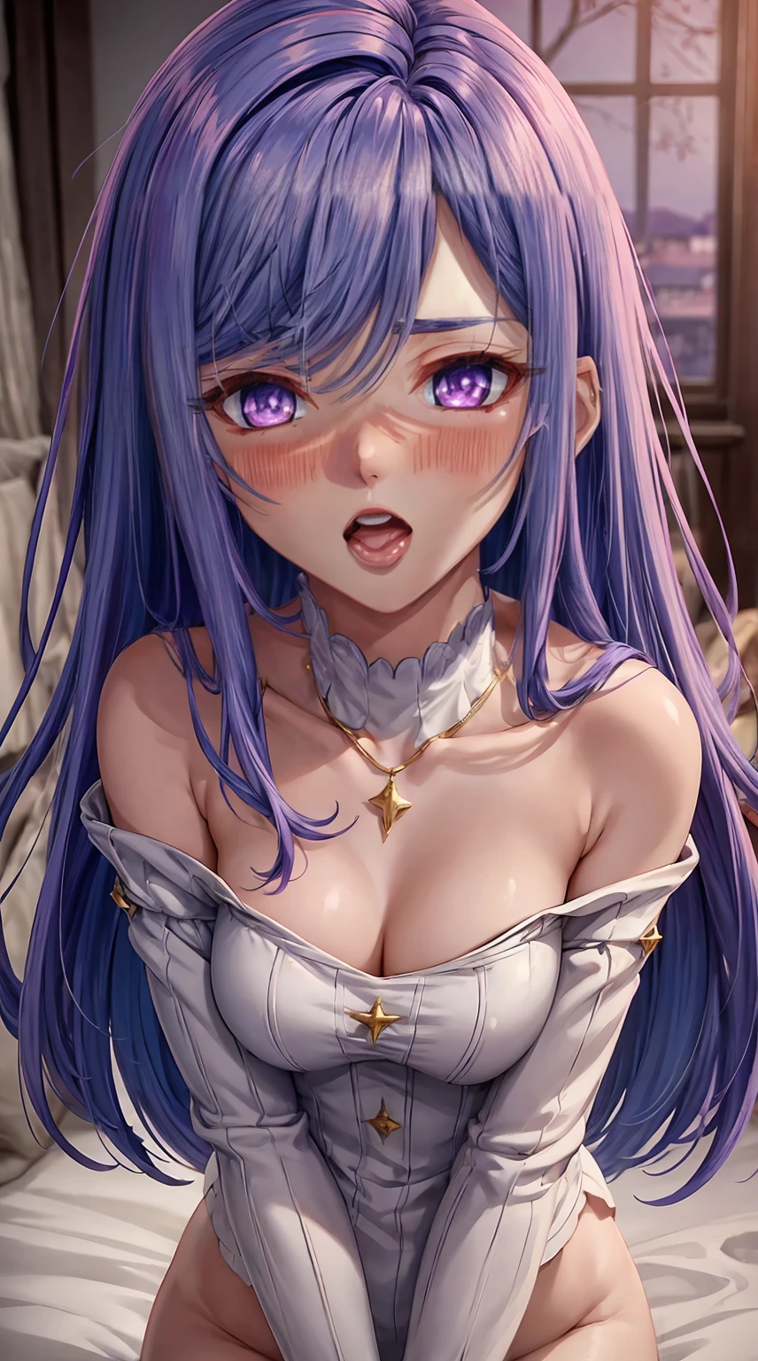 8K, Ultra High Definition, Super detailed, Shiny detailed hair, detailed face, fantasy landscape, solo, looking at viewer, {{best quality}}, {{masterpiece}}, {{ultra-detailed}}, {detailed light}, ultra high quality eyes, detailed eyes, perfect eyes, large eyes, detailed purple eyes, purple hair, long hair, adorned hair, beautiful, skinny body, white skin, slutty, erotic, standing in suggestive, blushing, open mouth, ahegao, ((nsfw))